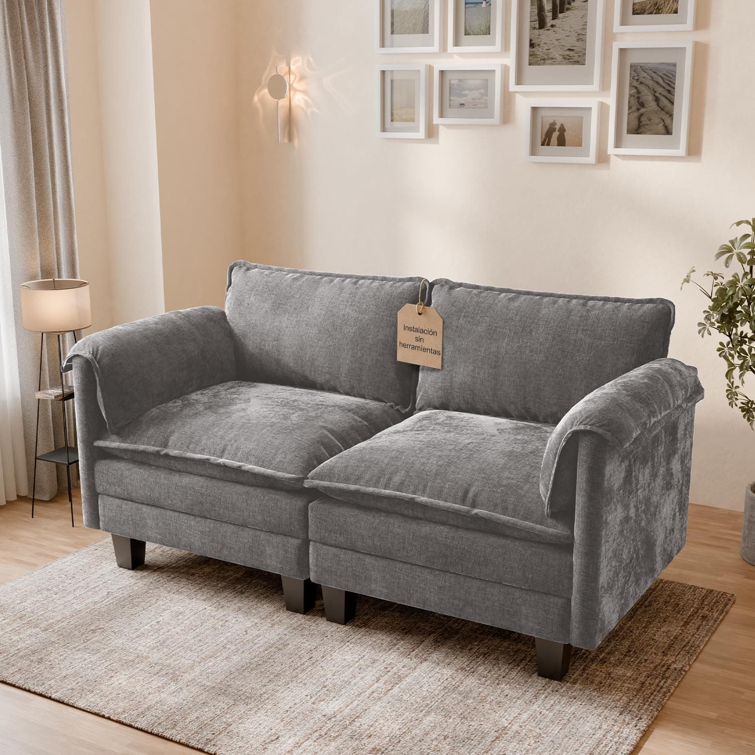 ELUCHANG Sofá Nube Modular 176cm, Sofá de 2 Plazas con Asiento Profundo 62cm, Montaje sin Herramientas, Sofá Moderno de Chenilla para Salón y Apartamento, Gris Perla