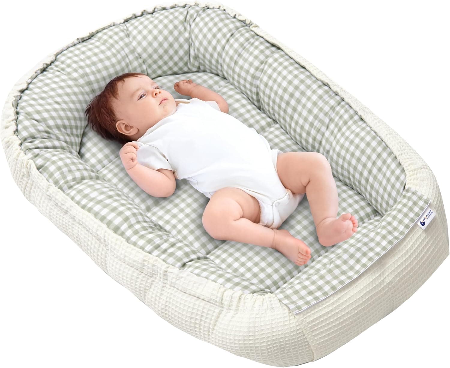Medi Partners Nido Bebe Recien Nacido Reductor de Cuna - 100x60x15 Portátil o de Viaje de Colecho anticolicos Bilateral Bebés 100% Algodón Gofre (Cuadros con Oliva Gofre)