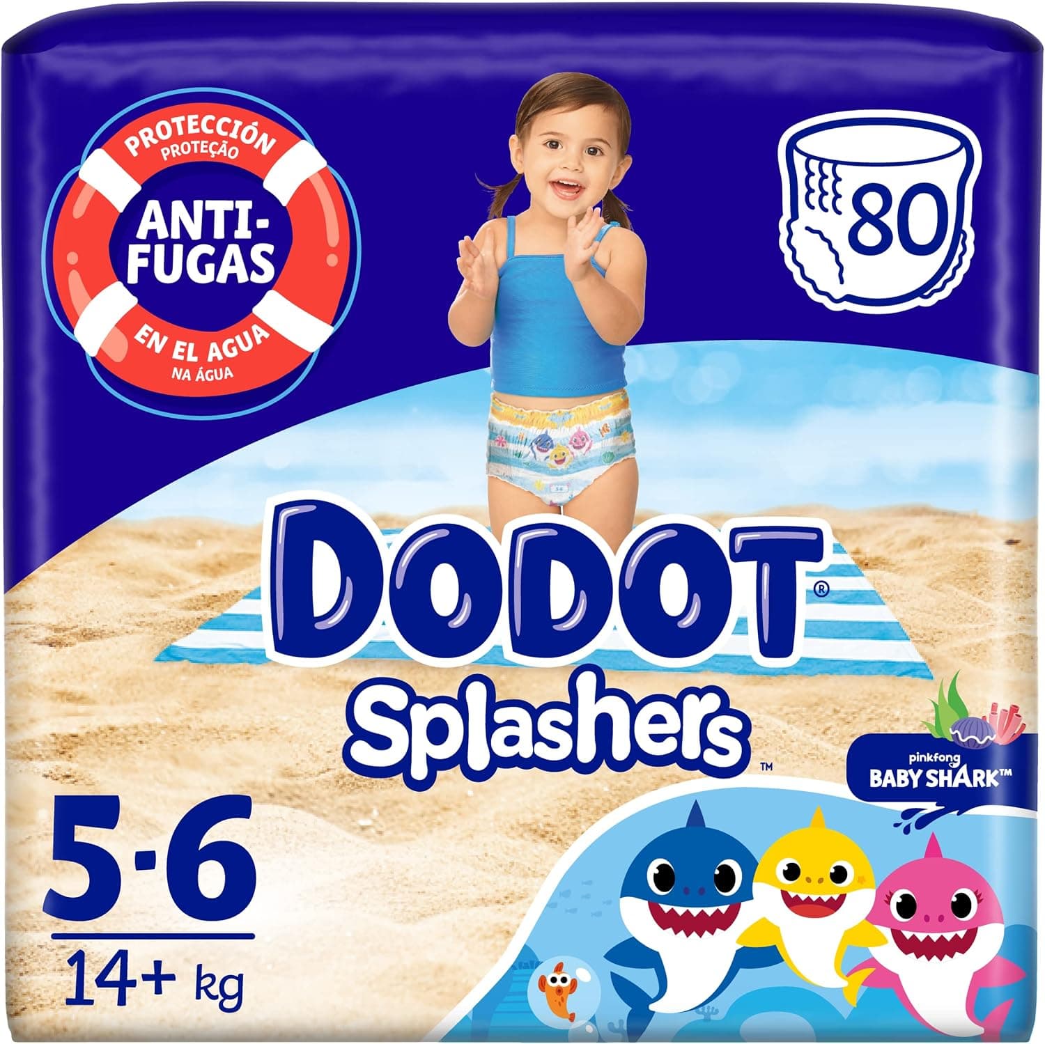 DODOT Splashers Baby Shark Talla 5-6, 80 Pañales Bebé Bañadores Desechables, 14kg+, Protección Anti-fugas En El Agua