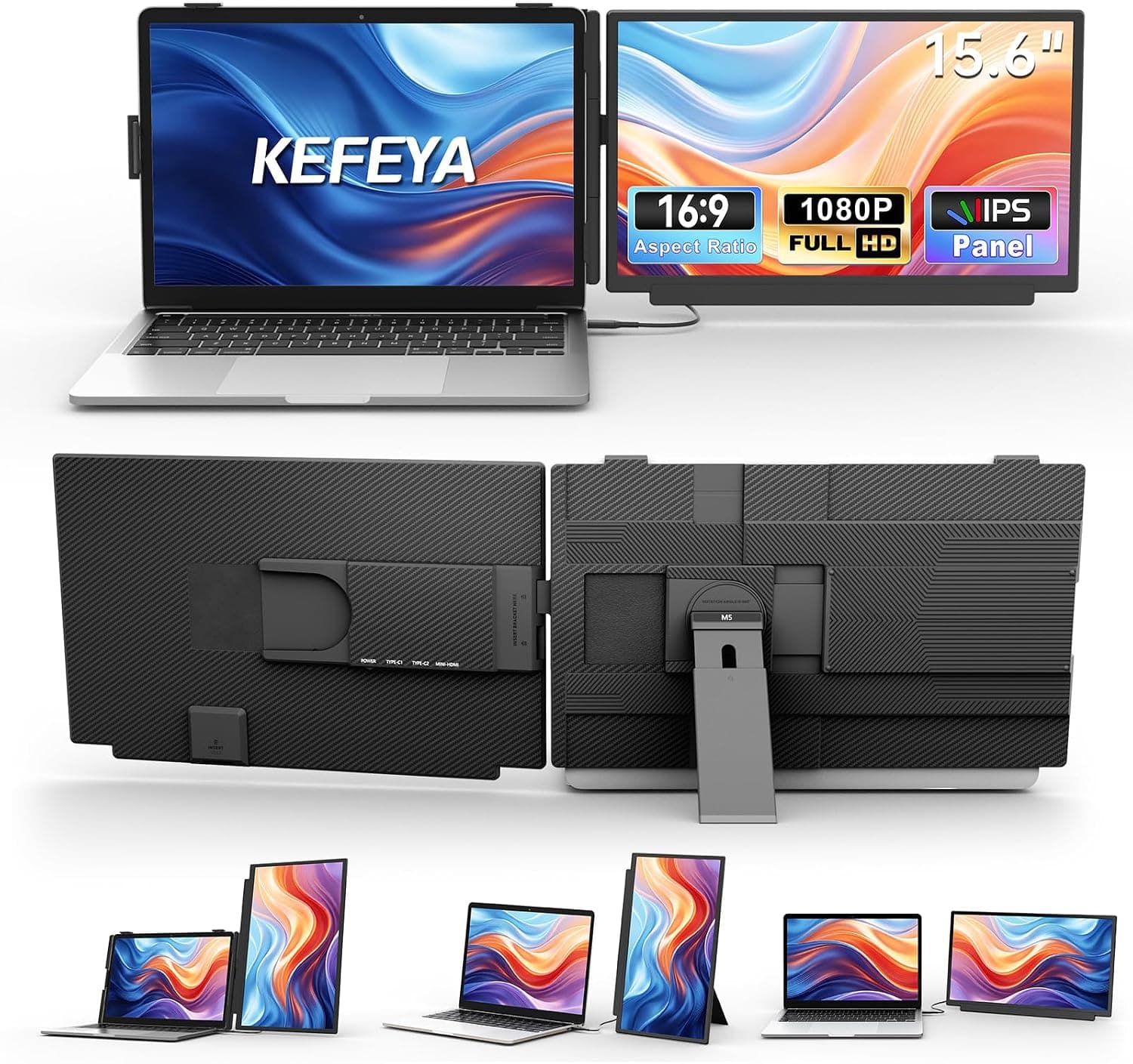 KEFEYA 15.6" Extensor de Pantalla Portátil para Laptop FHD 1080P IPS Ultradelgado Desmontable Monitor Portatil Plug & Play HDMI/USB-A/Type-C Pantalla de Viaje Ligera para Windows, Mac, Android, PS5