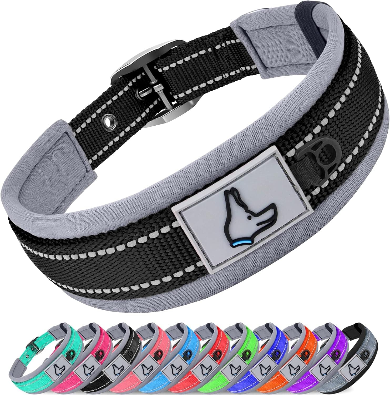 Joytale Collar Perro Mediano, Resistente y Reflectante, Ajustable de Acolchado Neopreno Nylon, Negro, M