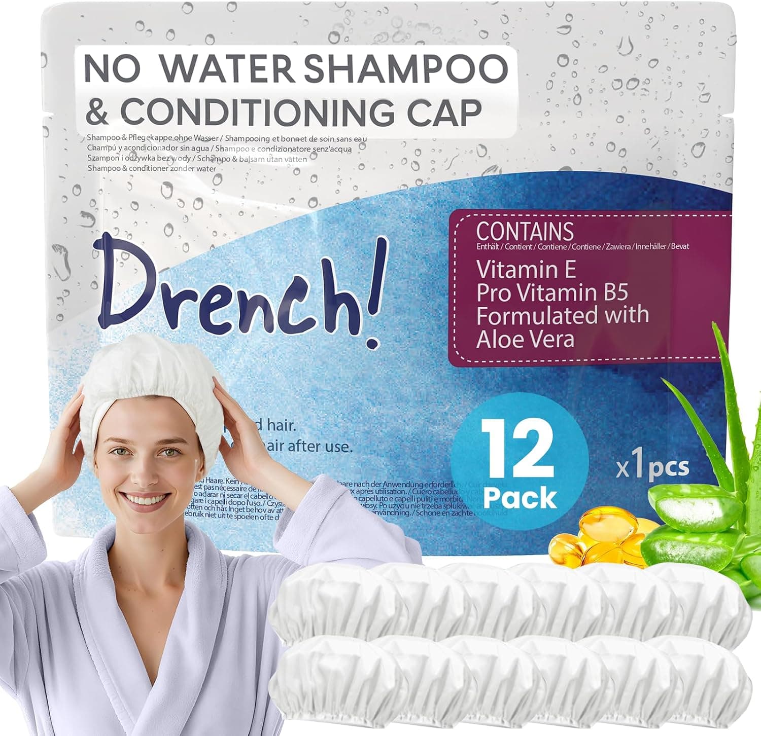 Drench! Medical Gorro Lavacabezas Portátil para Limpieza en Seco - 12 uds - Gorro Spa para Lavar el Pelo Sin Enjuague - Gorros Portatiles Lava Cabezas para lavar cabeza ancianos o en Cama