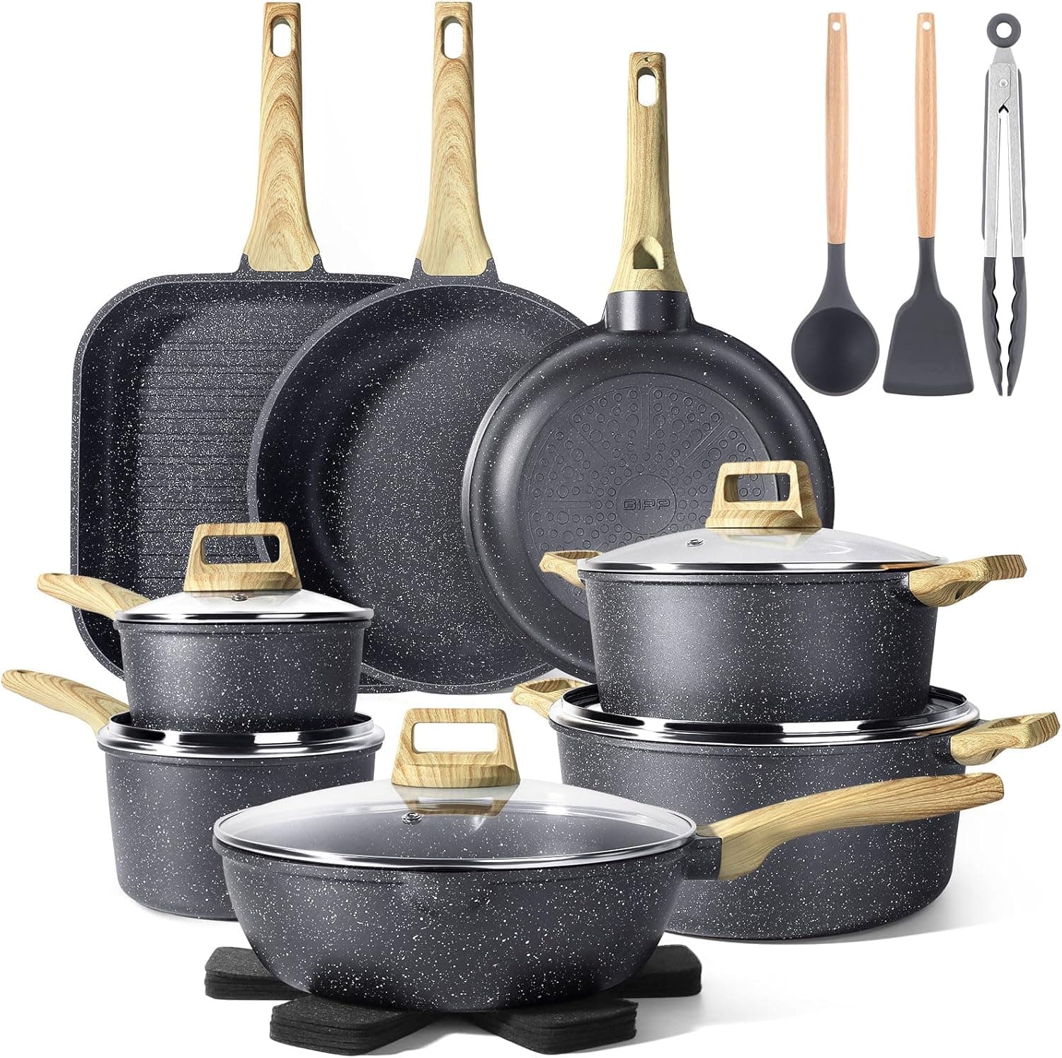GiPP Juego de Sartenes y Cacerolas con Revestimiento Cerámico Antiadherente - 21 Piezas Inducción juego de Sartenes, Batería de Cocina Sin Sustancias Tóxicas, Apto Para Diferentes Tipos de Cocinas
