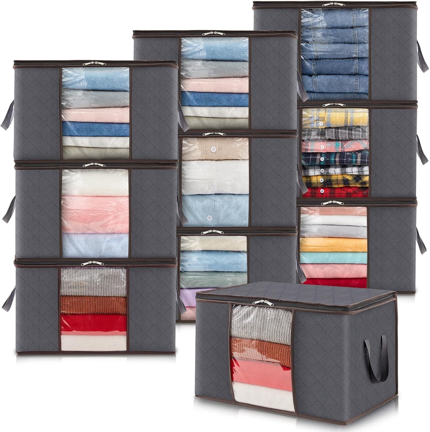 Lifewit Cajas Almacenaje Ropa, Bolsa almacenamiento ropa, Organizador Armario Plegable, Cajas Mudanza, Bolsas con Asa Reforzada para Guardar Ropa, Mantas, Edredones, Gris, 90L, 10 Piezas