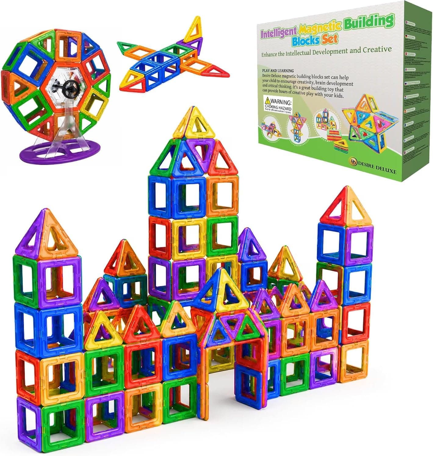Desire Deluxe Juguete de Bloques de Construcción Magnéticos – Bloques Magnéticos Educativos Stem para Niños, Aprendizaje Creativo Sensorial Montessori para Bebés y Niños de 3+ Años – 94 Piezas