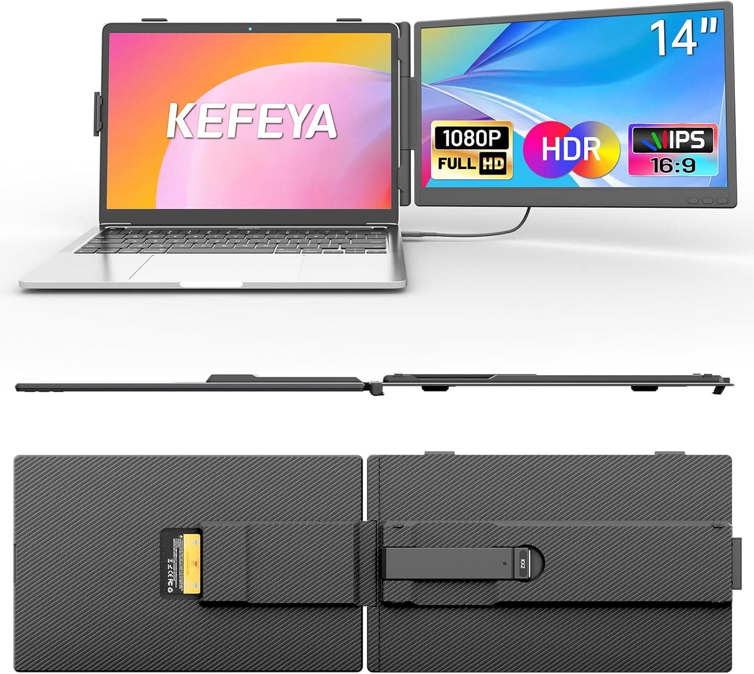KEFEYA Monitor Portatil 14” FHD 1080P IPS Extensor Pantalla Portatil, Doble Pantalla para Portatil, Laptop Screen Extender Plug & Play para Windows, Mac, Android, PS5 para Laptops 13-17.3"