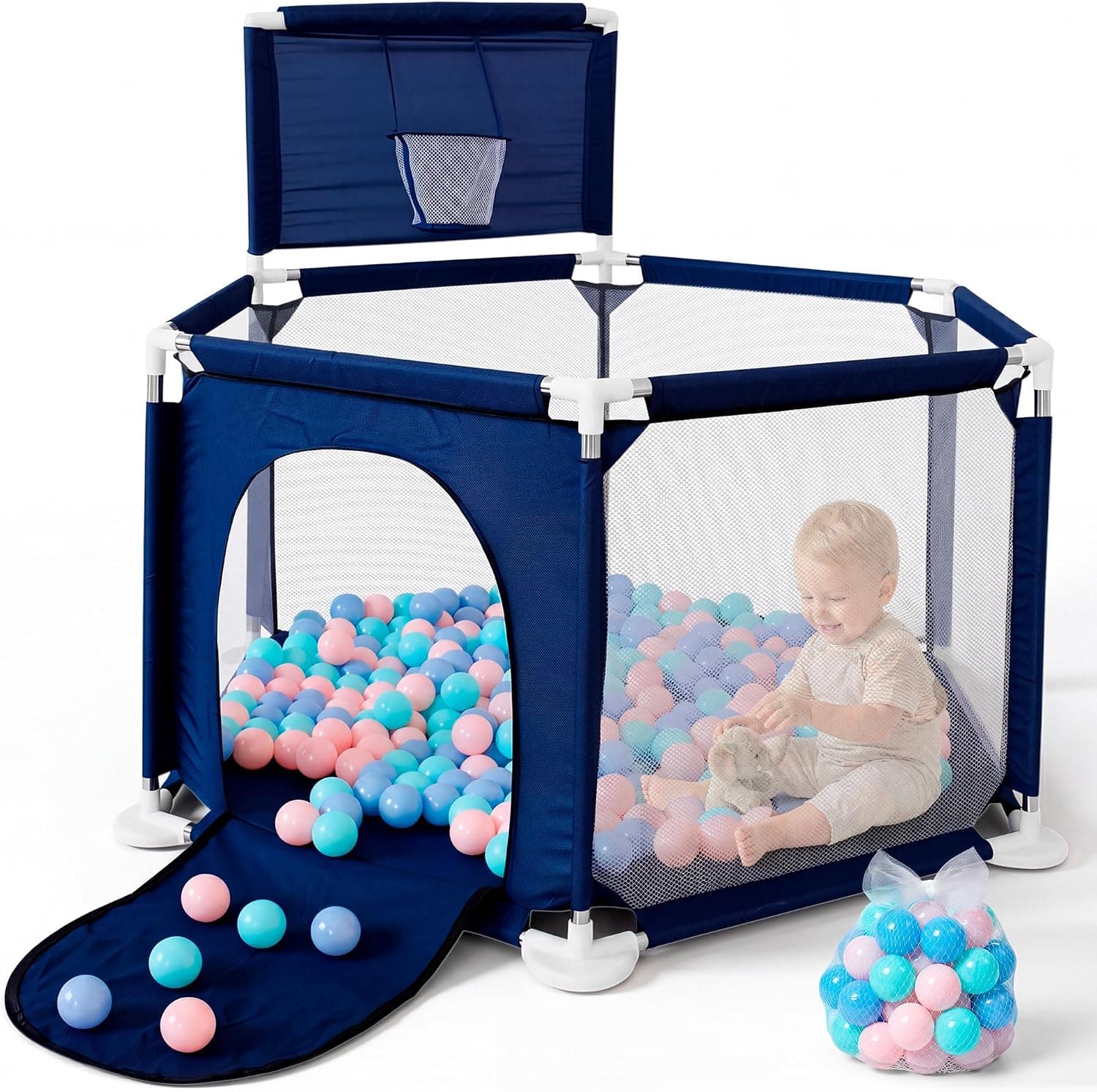 JUPPLIES Parque Infantil Bebe 127x127cm Hexagonal – Corralito Bebe con Malla Transpirable – Parque de Juegos Bebe Plegable con Puerta Lateral – Playpen Bebe (Con Canasta, Azul)