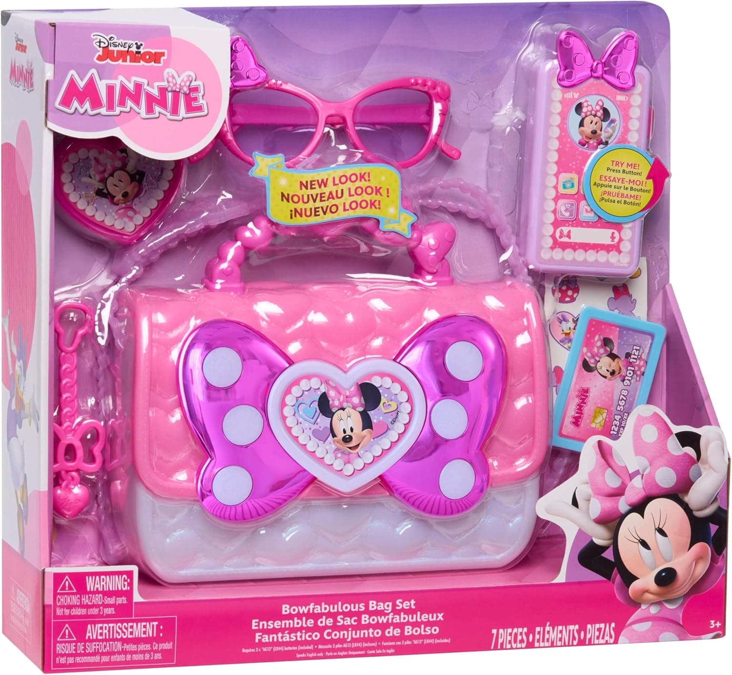 Just Play Bolso con Accesorios Disney Junior Minnie Mouse Bowfabulous, 7 Piezas, con Luces y Sonidos, Juego de simulación e imaginativo; Juguetes para niños a Partir de 3 años
