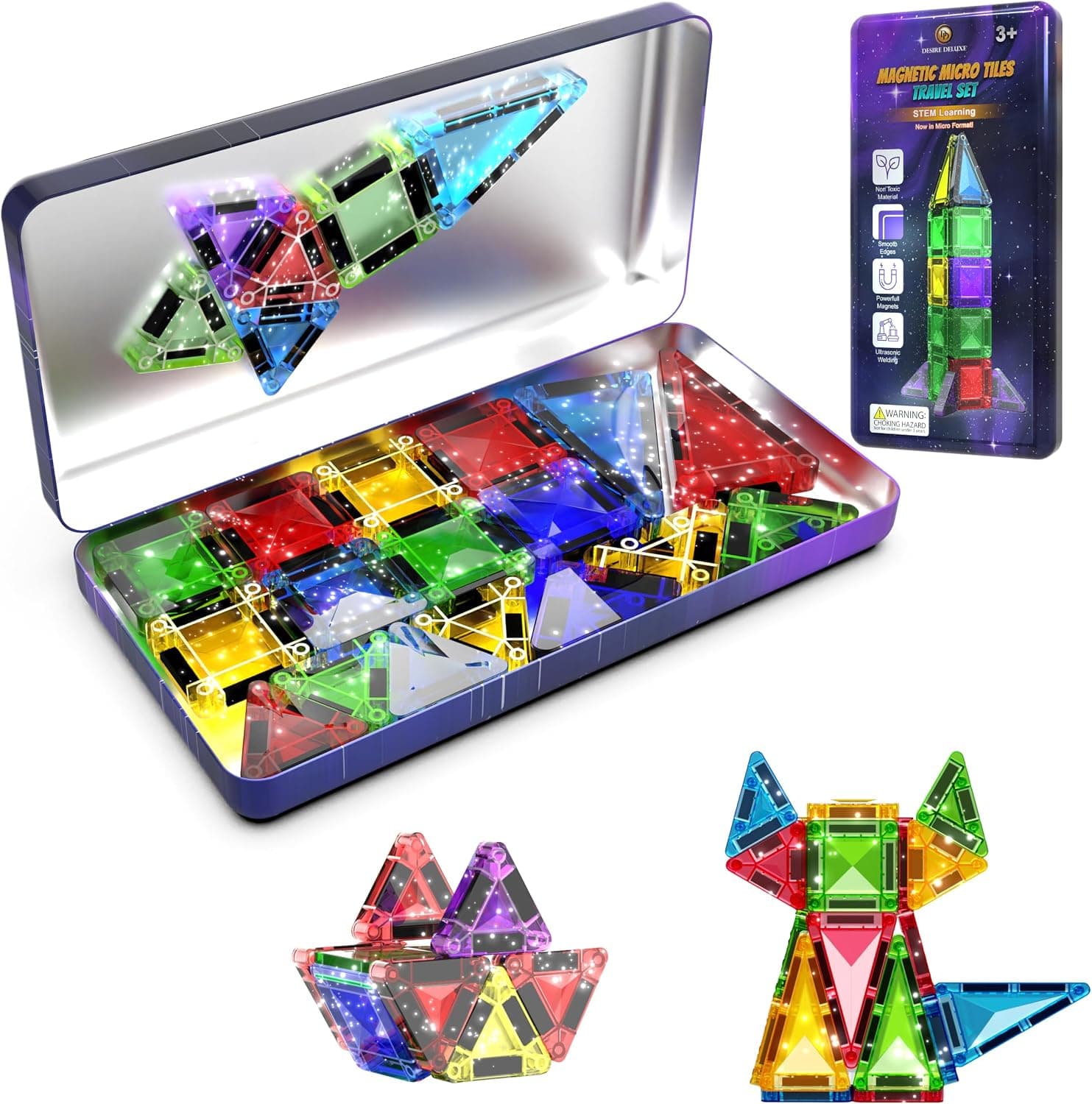 Desire Deluxe Micro Bloques Magnéticos de Construcción - Juguete Educativo Stem de Viaje para Niños, Juguete Sensorial Montessori Magnético para Niños y Niñas 3+ Años (28 Piezas – Brillo)