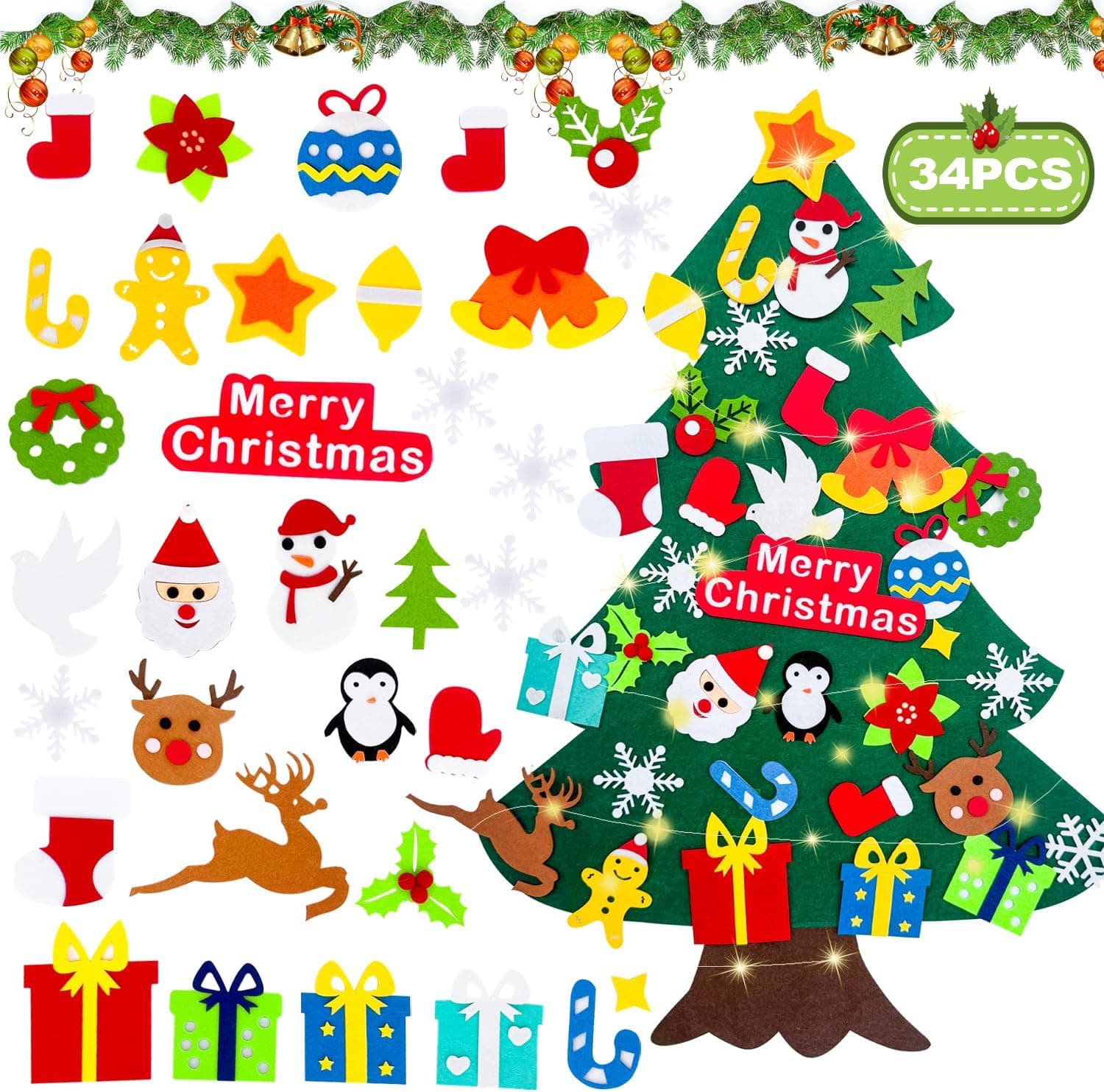Árbol de Navidad de fieltro, 1 metro DIY juego de árbol de Navidad de fieltro para niños, decoración colgante con 34 adornos extraíbles, juego de manualidades DIY ideal para decoración del hogar