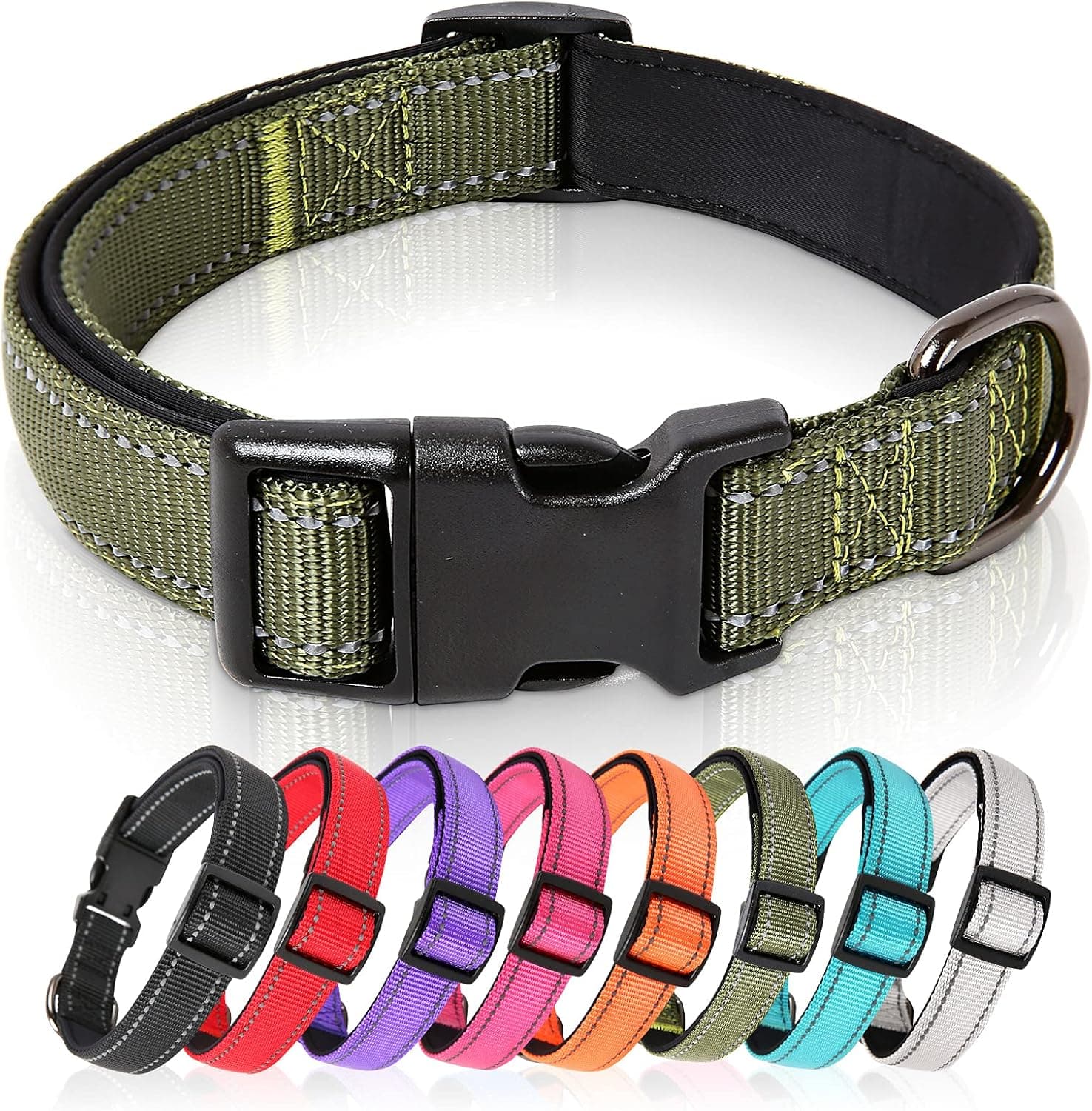 HEELE Collar Perro, Collar Nylon Reflectante Neopreno Forrado Ajustable para Perro Mediano, Verde, M