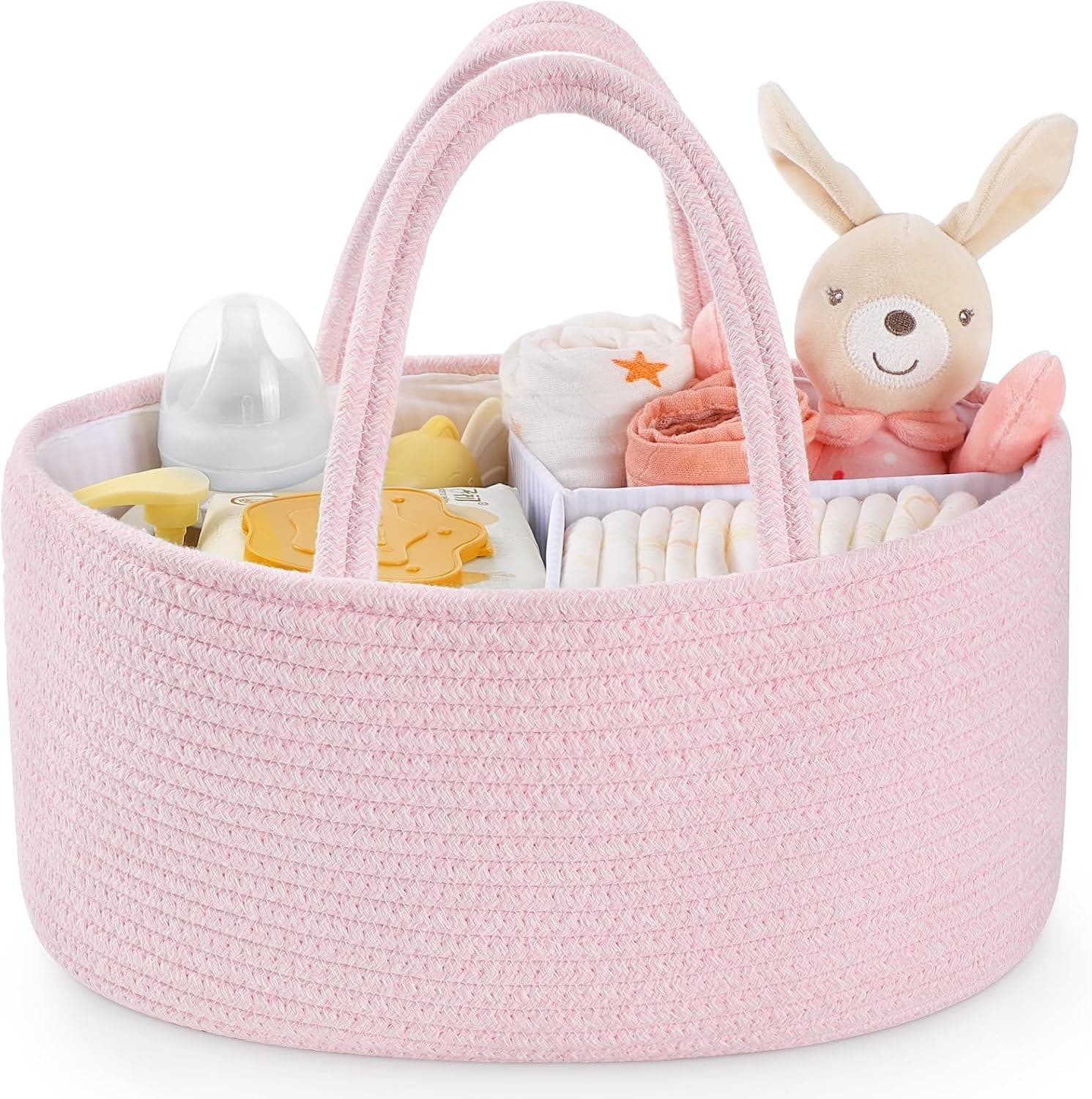 Maliton Organizador para cambiador, cesta organizadora para bebé, cesta de almacenamiento para cambiador, contenedor para pañales con compartimentos y asas, regalo para recién nacidos, Rosa claro