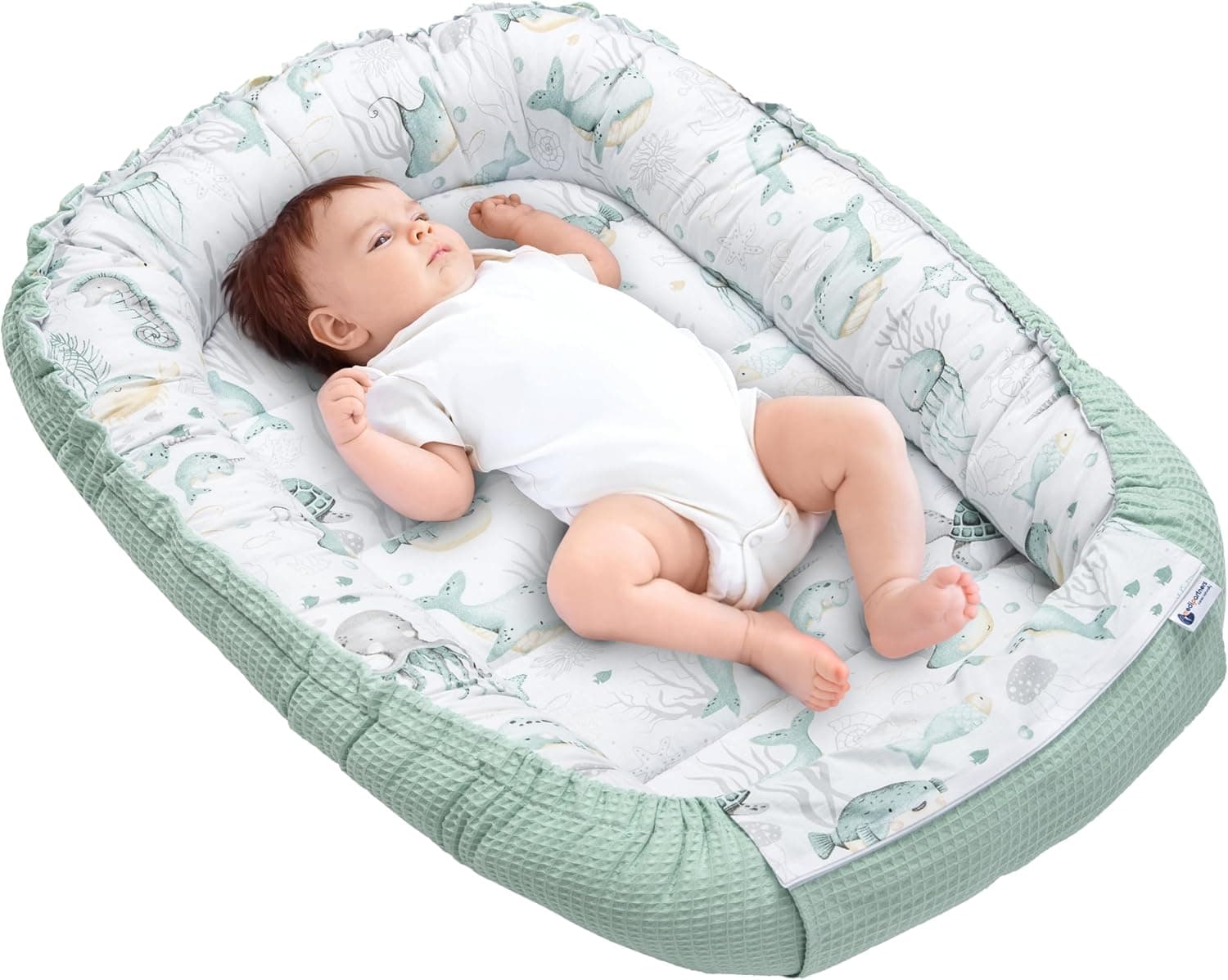 Medi Partners Nido Bebe Recien Nacido Reductor de Cuna - 100x60x15 Portátil o de Viaje de Colecho anticolicos Bilateral Bebés 100% Algodón Gofre (Océano con Menta Gofre)