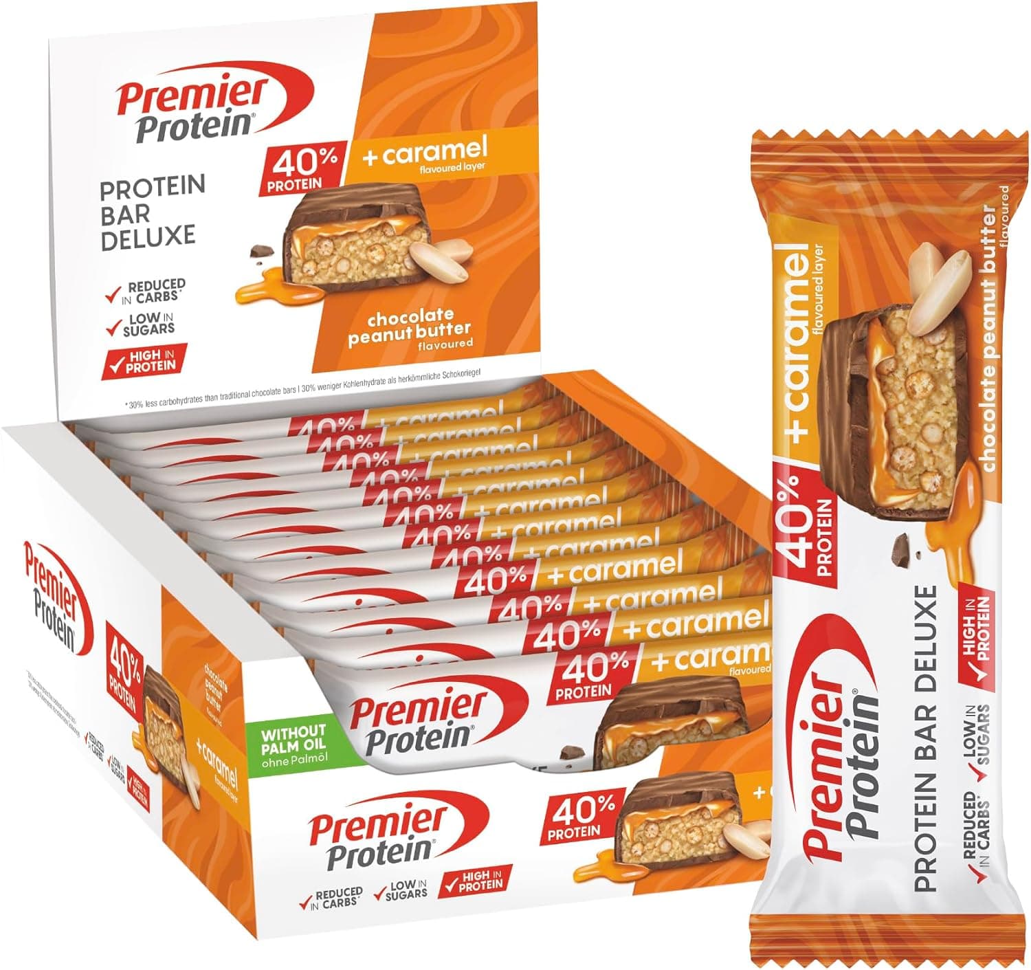 Premier Protein Bar Deluxe Chocolate Peanut Butter 12x50g - High Protein Low Sugar + Kohlenhydratreduziert + Palmölfrei