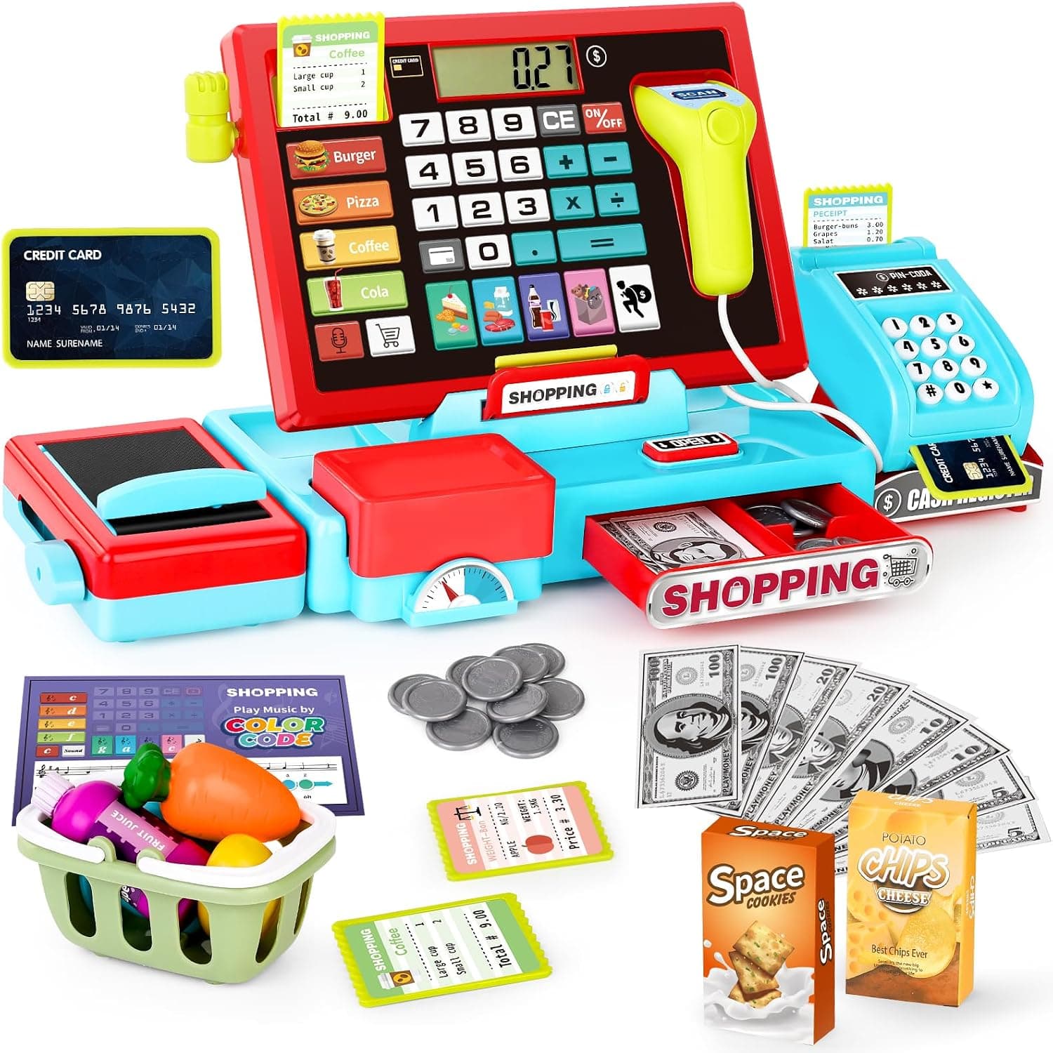 2025 maysida Caja Registradora de Juguete para Niños-Tienda de Juguete con /Escáner/Tarjeta de Crédito/ Dinero de Juguete/Comida/Micrófono, Juguete de Aprendizaje Regalo para Niño Pequeña Niña