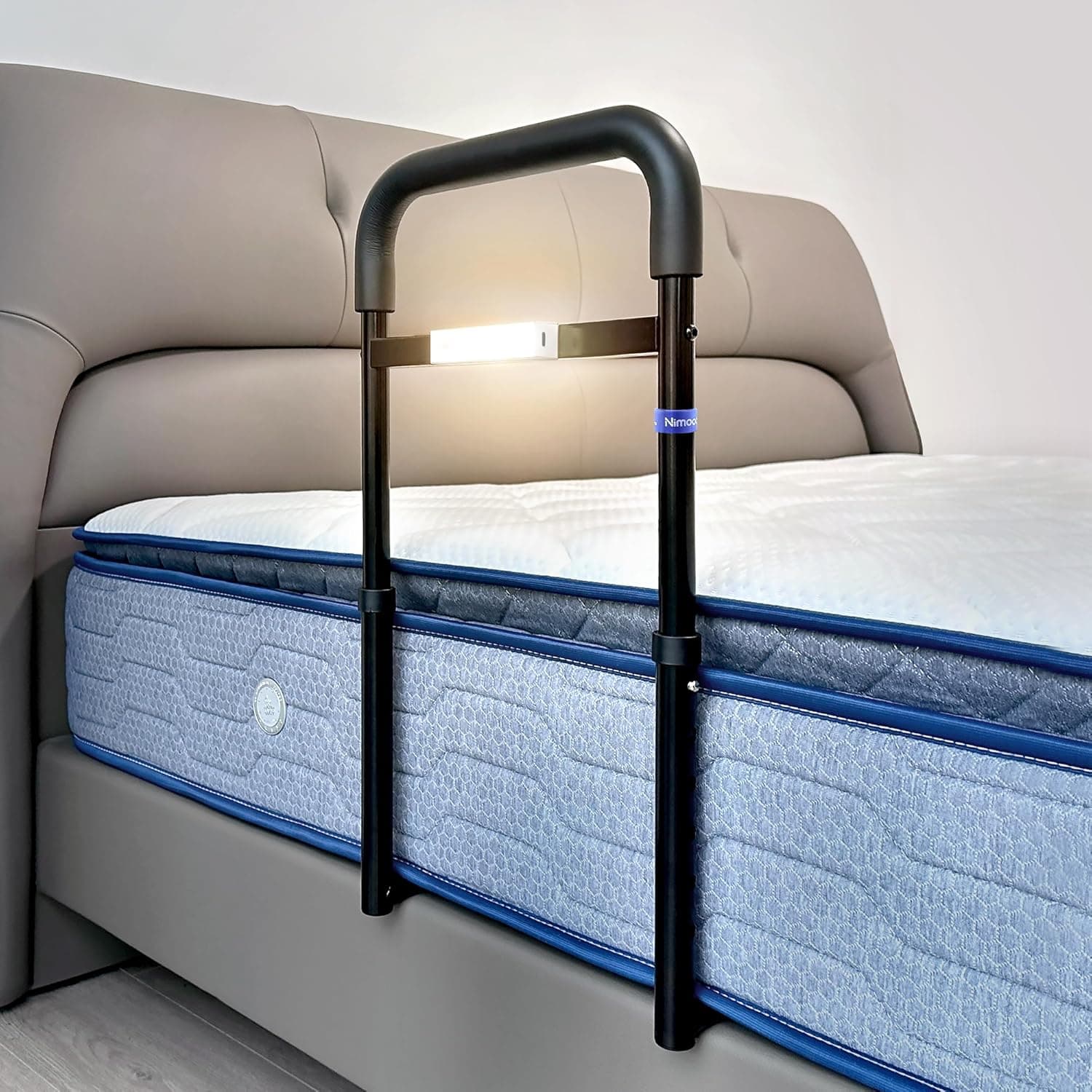 Barandilla de Cama para Adultos con Altura Ajustable, Asa Acolchada, Luz LED y Bolsa de Almacenamiento, Compatible con Twin, Twin XL, Full, Queen y King