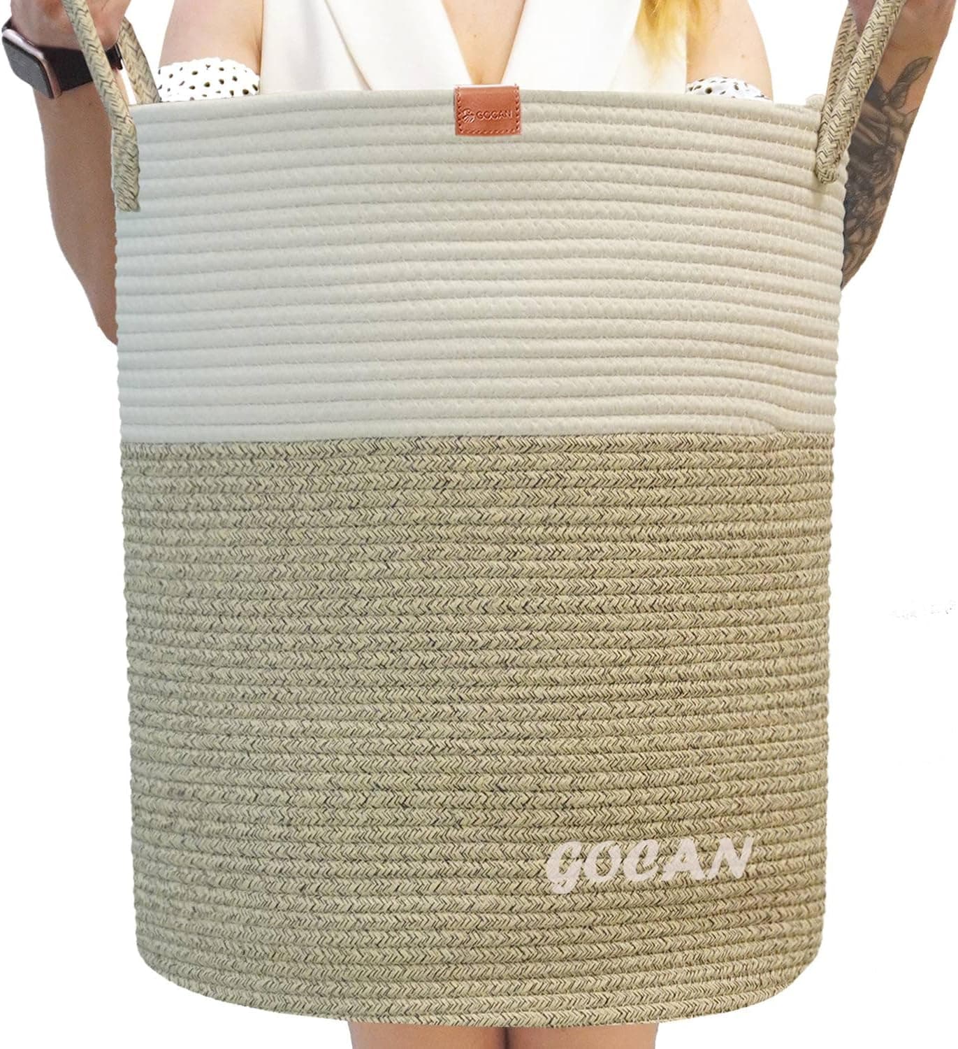 GOCAN gran cesta de lavandería alta y resistente tejiendo cesta de almacenamiento almohada manta Sala de estar o dormitorio juguetes decorativos h50xd38cm marrón/beige