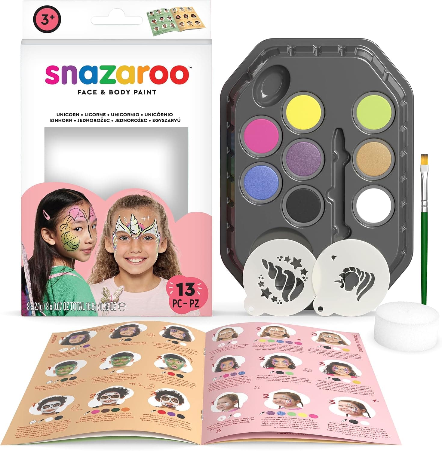 Snazaroo - Kit de Pintura Facial Unicornios y Mariposas para Niños y Adultos, 8 Colores, 2 Plantillas, 1 Pincel, 1 Esponja, 1 Guía Paso a Paso, Base de Agua, Maquillaje Pintacaras