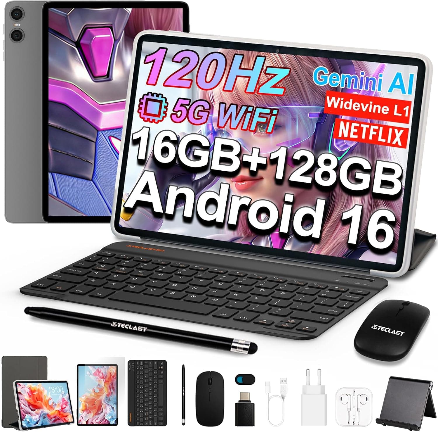 TECLAST P30T 120Hz Tablet 10" con 10 Accesorios Android 16, 16GB+128GB+5TB