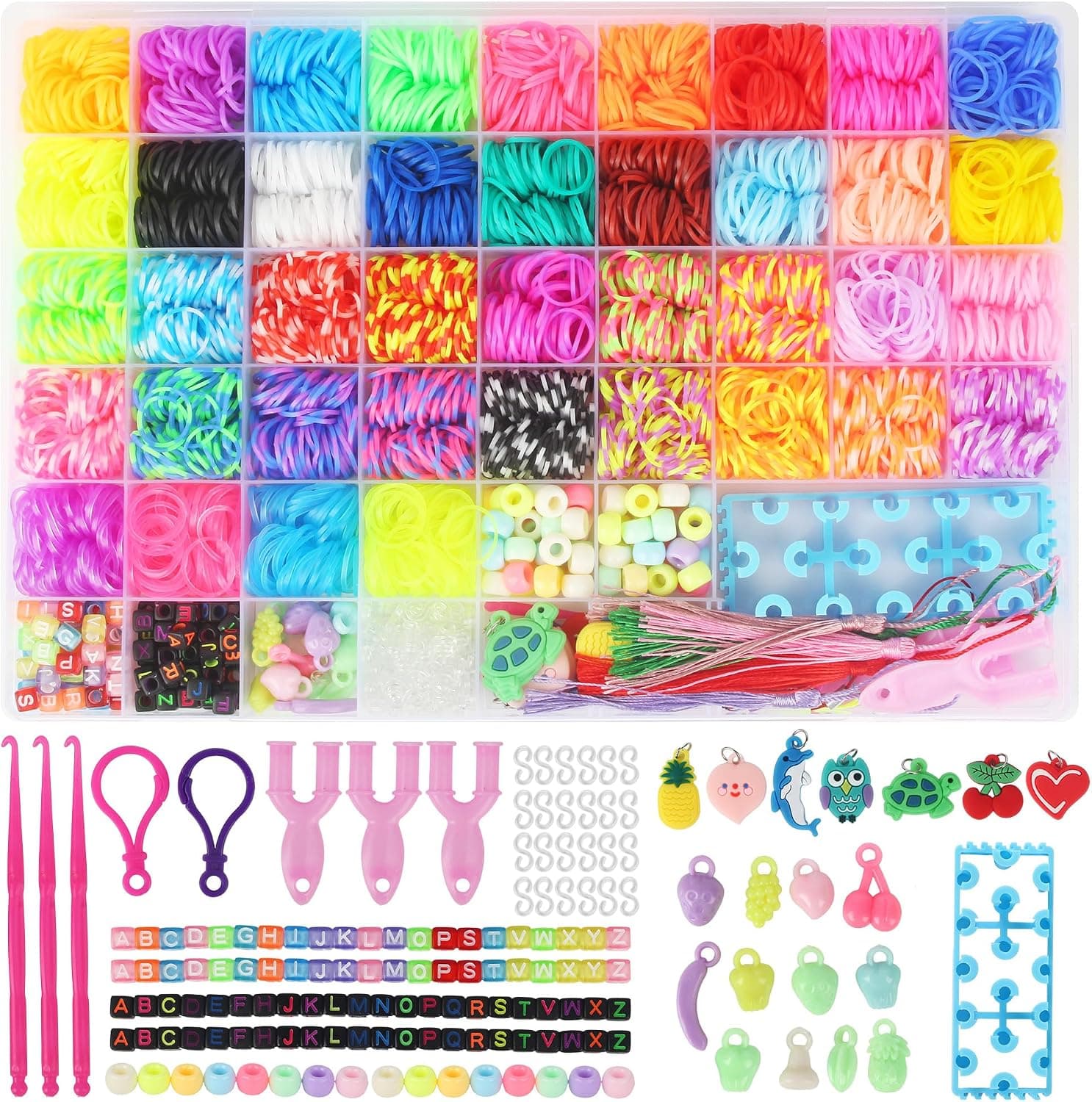 LIAILA 3800+ gomas para hacer pulseras, 54 cuadrados de pulseras gomas elasticas colores para niños, incluidos telares, dijes, cuentas y otros accesorios pulseras, juguetes y regalos para niños