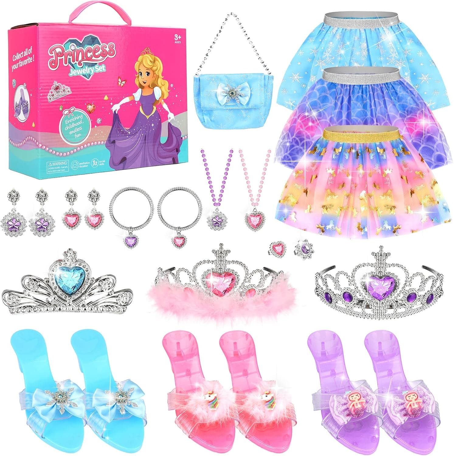 Disfraz Princesa Niña, Falda Tutu Zapatos Princesa Niñas con Collar Corona Bolso Vestido Princesa Regalos Niñas para Navidad Cumpleaños para 3 4 5 6 7 años