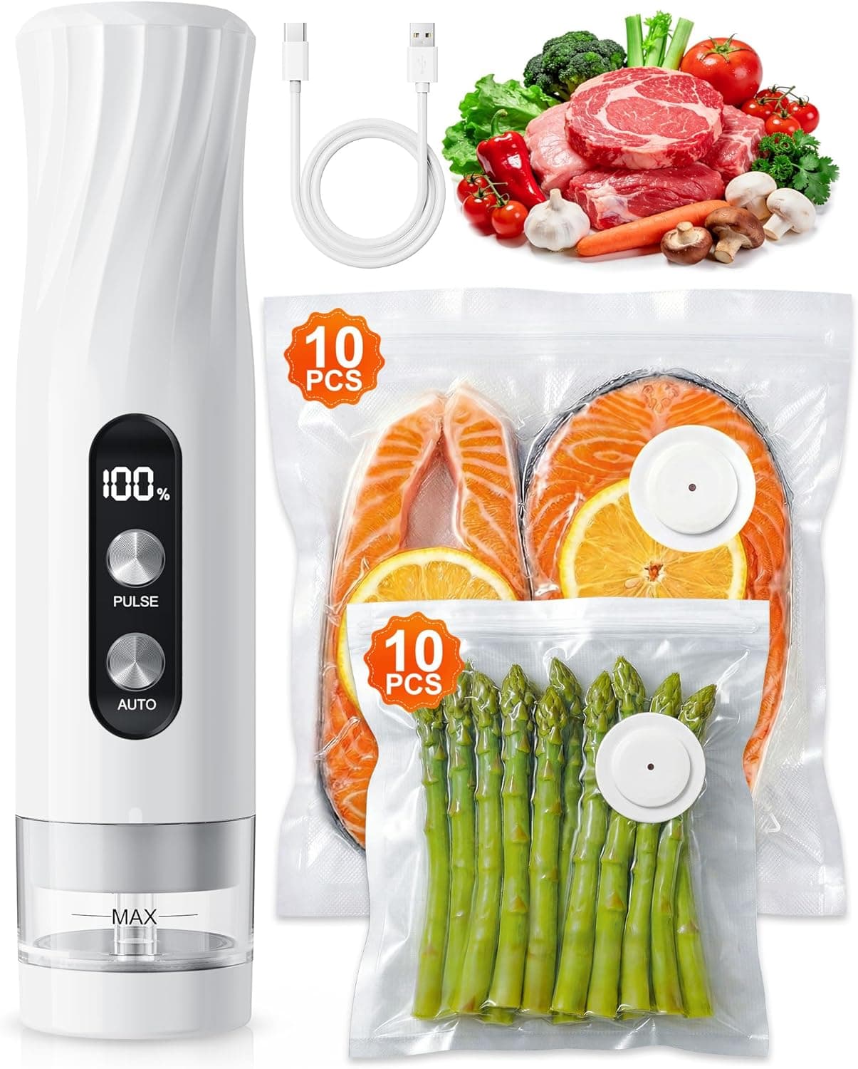 Babacom Envasadora al Vacío Doméstica y Selladora al Vacío Inalámbrica de Mano con 20Bolsas Reutilizables para Congelador,-60kPa,Sellado 1 Toque y Modo Pulsante para Cocción por Lotes y Almacenamiento
