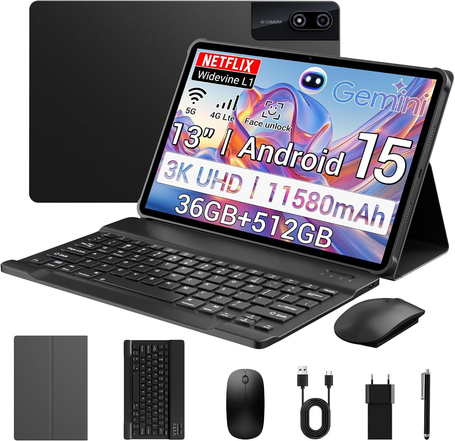 3K Tableta 13 Pulgadas con Android 15, 36GB RAM, 512GB ROM (Extensión 2TB), 4G Lte丨5G WiFi, 2940 * 1840UHD, 11580mAh, G99 Octa-Core, 13MP+8MP, Tablet con Teclado丨GPS丨Bluet丨4 Speakers-Nero