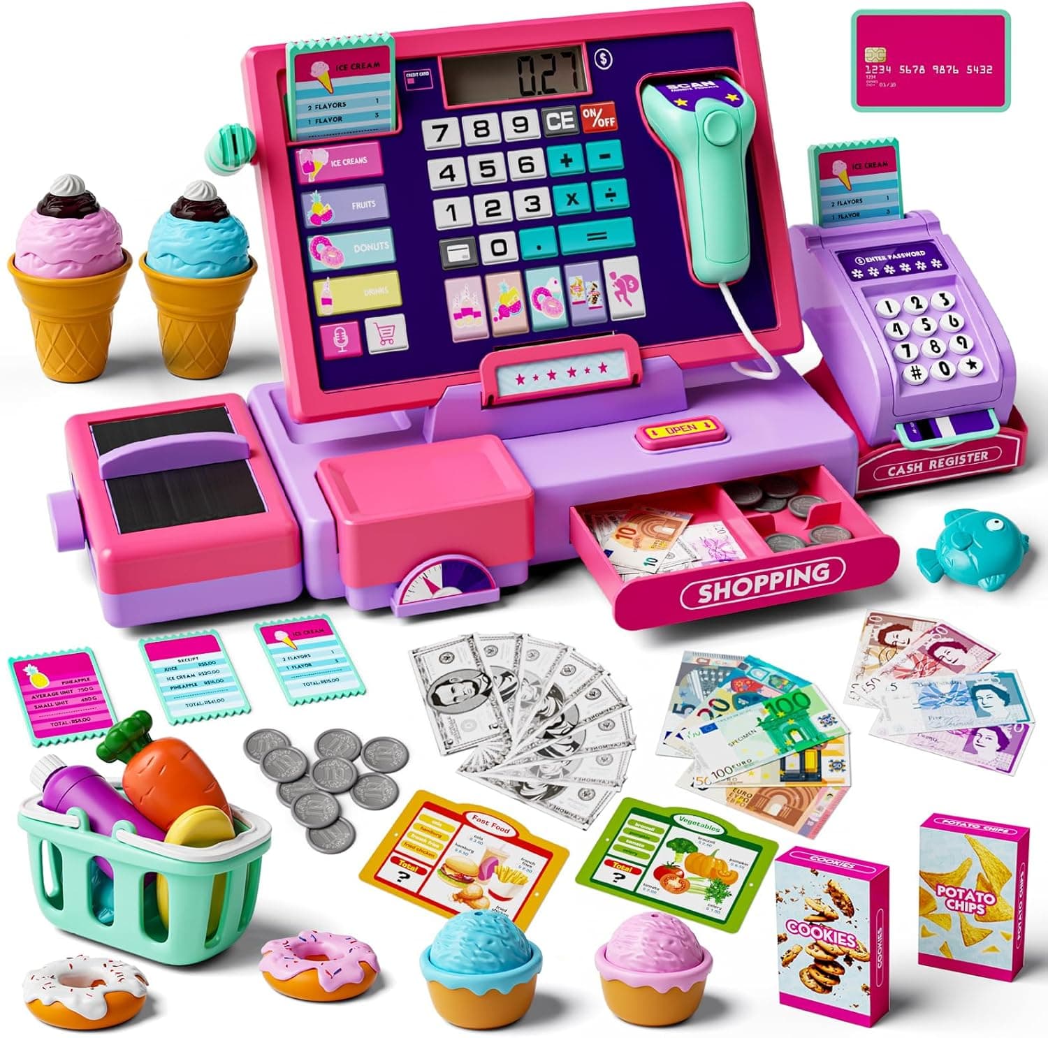 Caja registradora para niños, juguete educativo, juego con escáner y función de música (rosa morado)