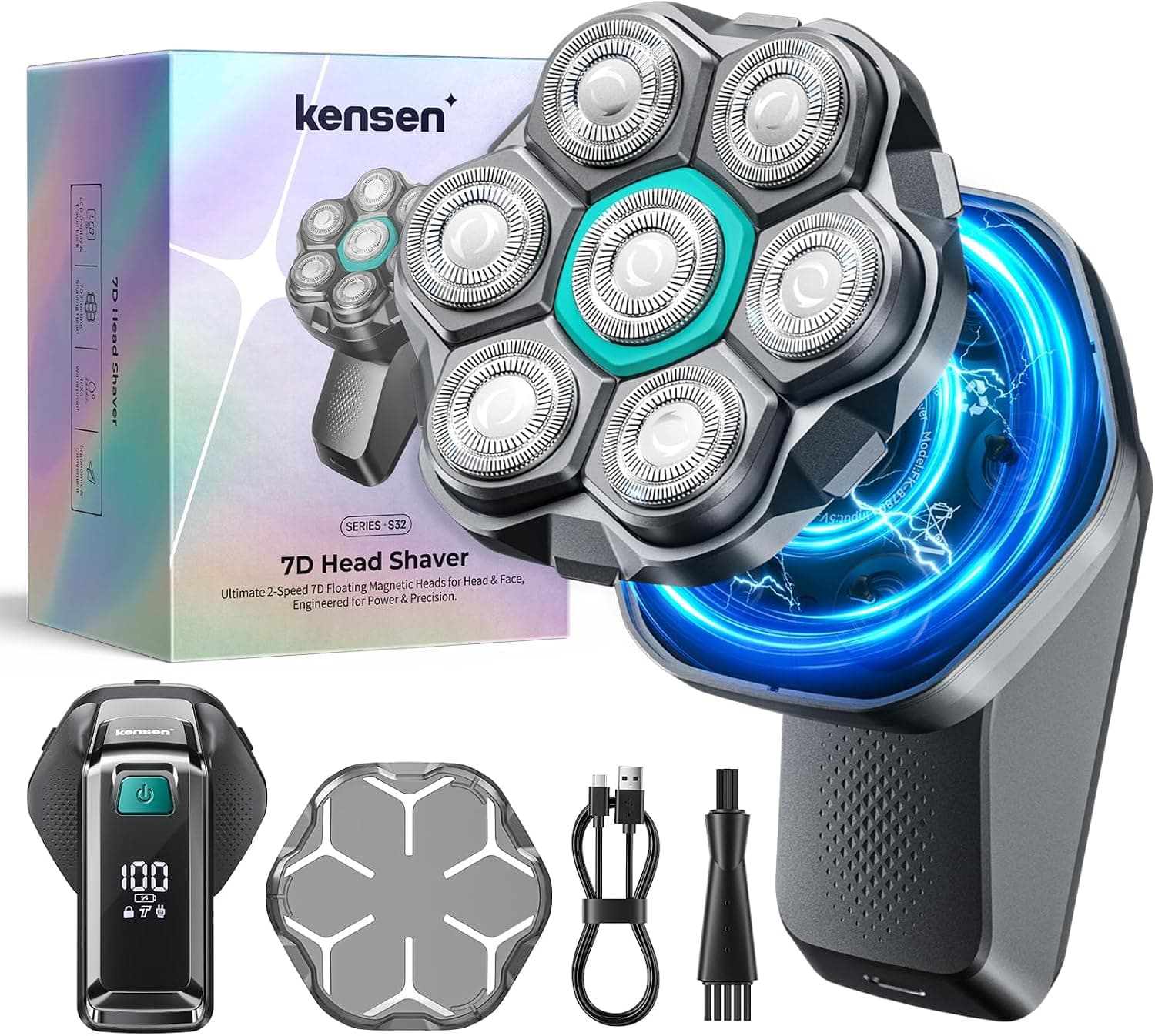 kensen Afeitadora Cabeza Hombre, Maquina Afeitar Hombre para Calvo, 7D Cabezales Maquina para Afeitar Cabeza en Seco y Húmedo con Pantalla LED, 100 mins Uso, IPX6 Impermeable, USB-C, 8100/8500RPM