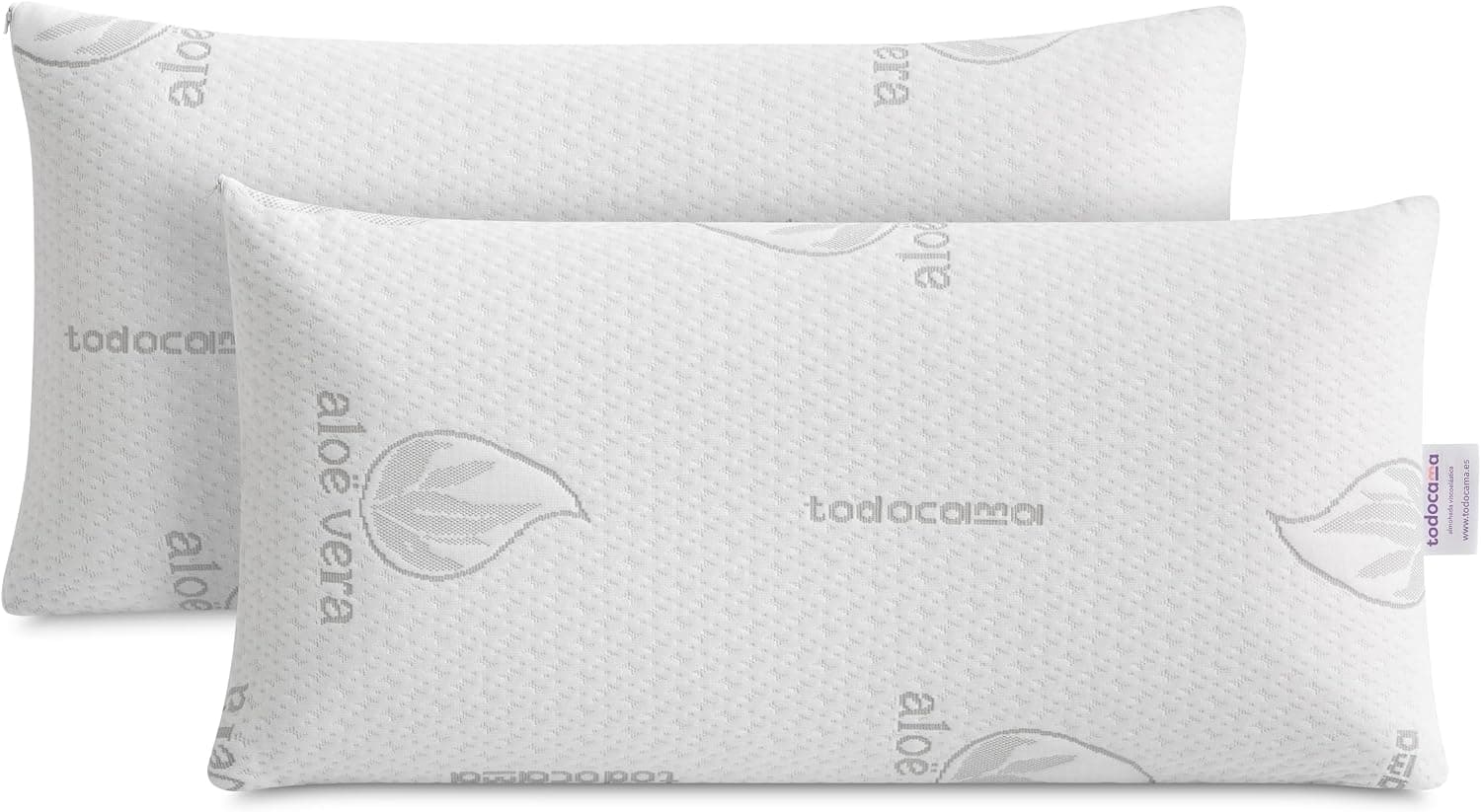 Todocama Almohada Viscoelástica Aloe Vera (Pack 2 Unidades 75 cm), Núcleo Compacto Viscoelástico para Cervicales y Cuello, Firmeza Media-Alta, Doble Funda con Cremallera.