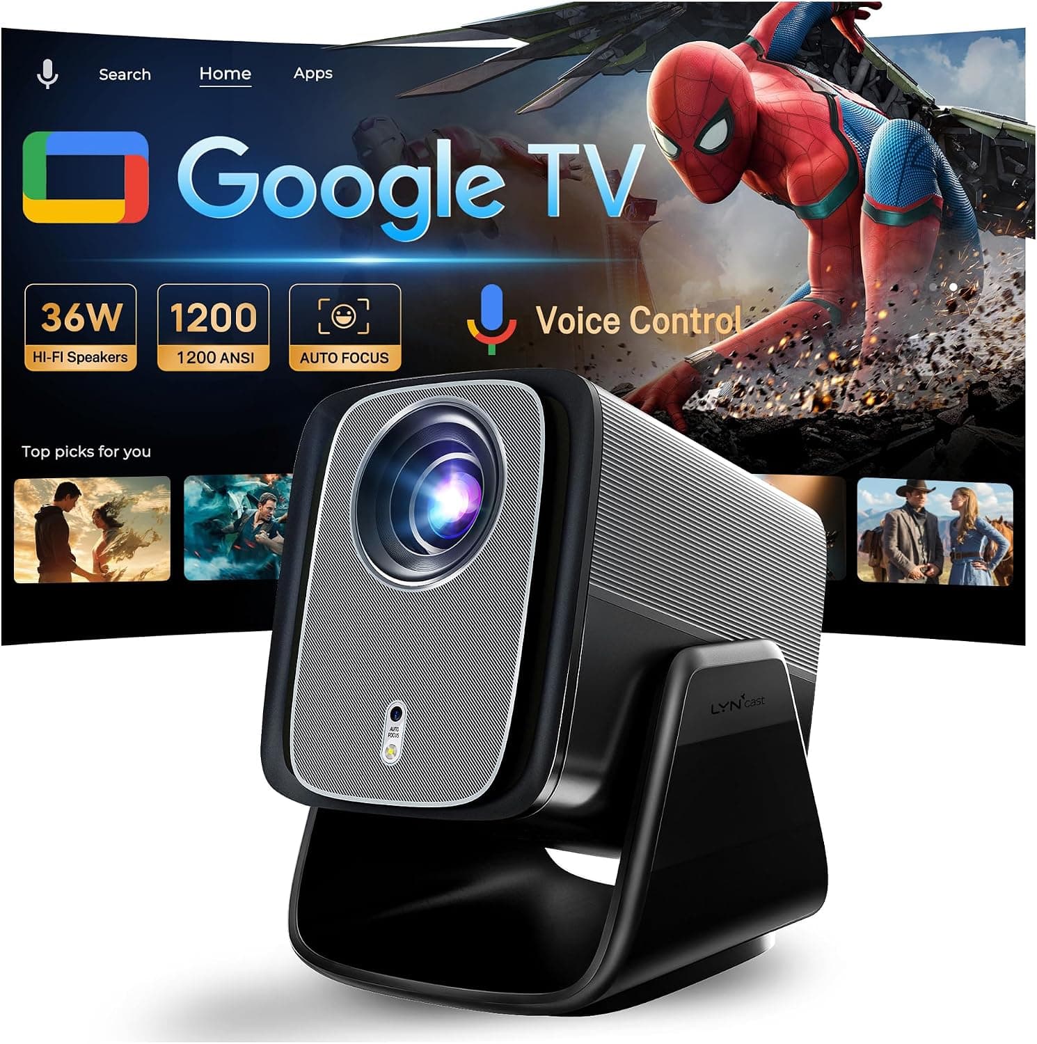 Google TV Proyector Portátil, 1200 ANSI, Decodificación 4K, Dolby Audio 36W