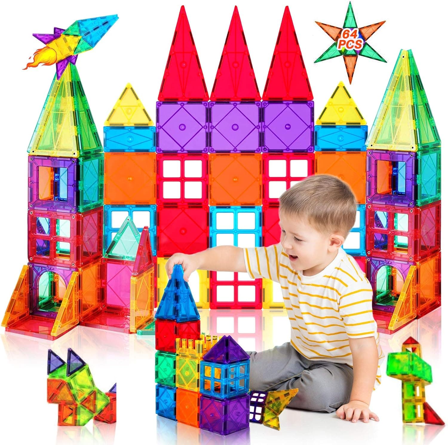 Katiago Bloques de Construcción Magnéticos 64 Piezas 3D Juguetes de Construcciones Magneticas Niños Stem Creatividad Juguetes Educativos Regalos para Mayores de 3 años (64 psc)