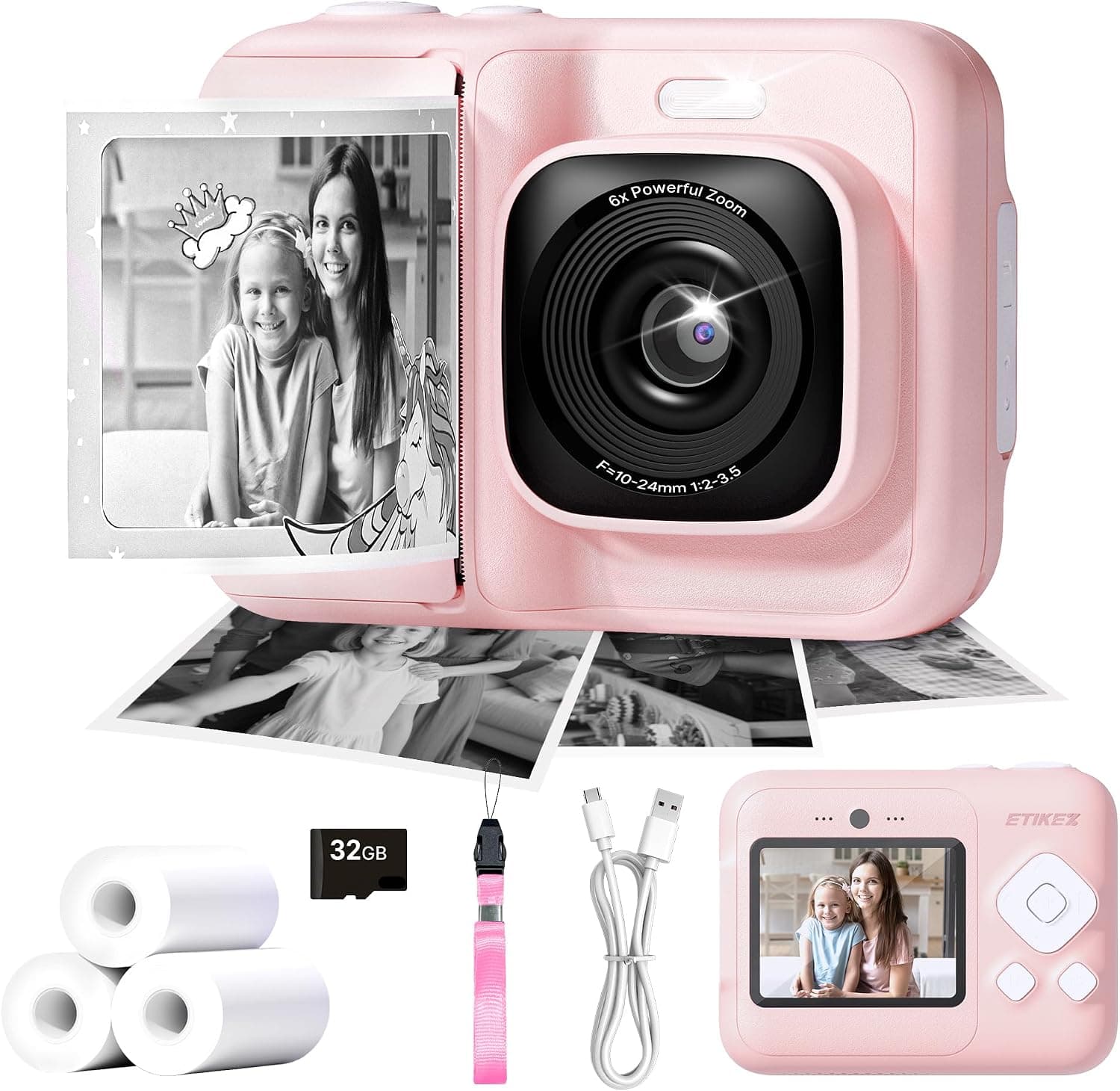Cámara Instantánea Infantil 1080P, 3 Rollos de Papel, Rosa