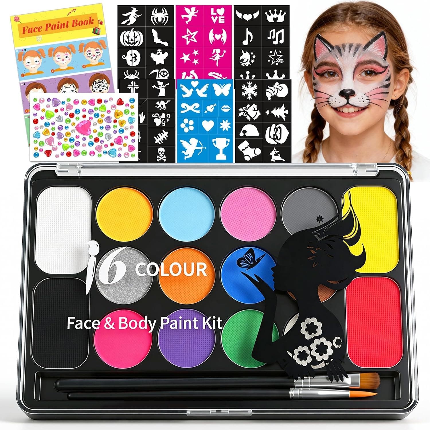 Pintura Cara Niños - 16 Colores Pintacaras Infantil con 4 Colores Grandes, 52 Plantillas y 2 Pinceles - Hipoalergenica Pintura Facial para Halloween Carnaval Fiestas Cosplay Semana Santa