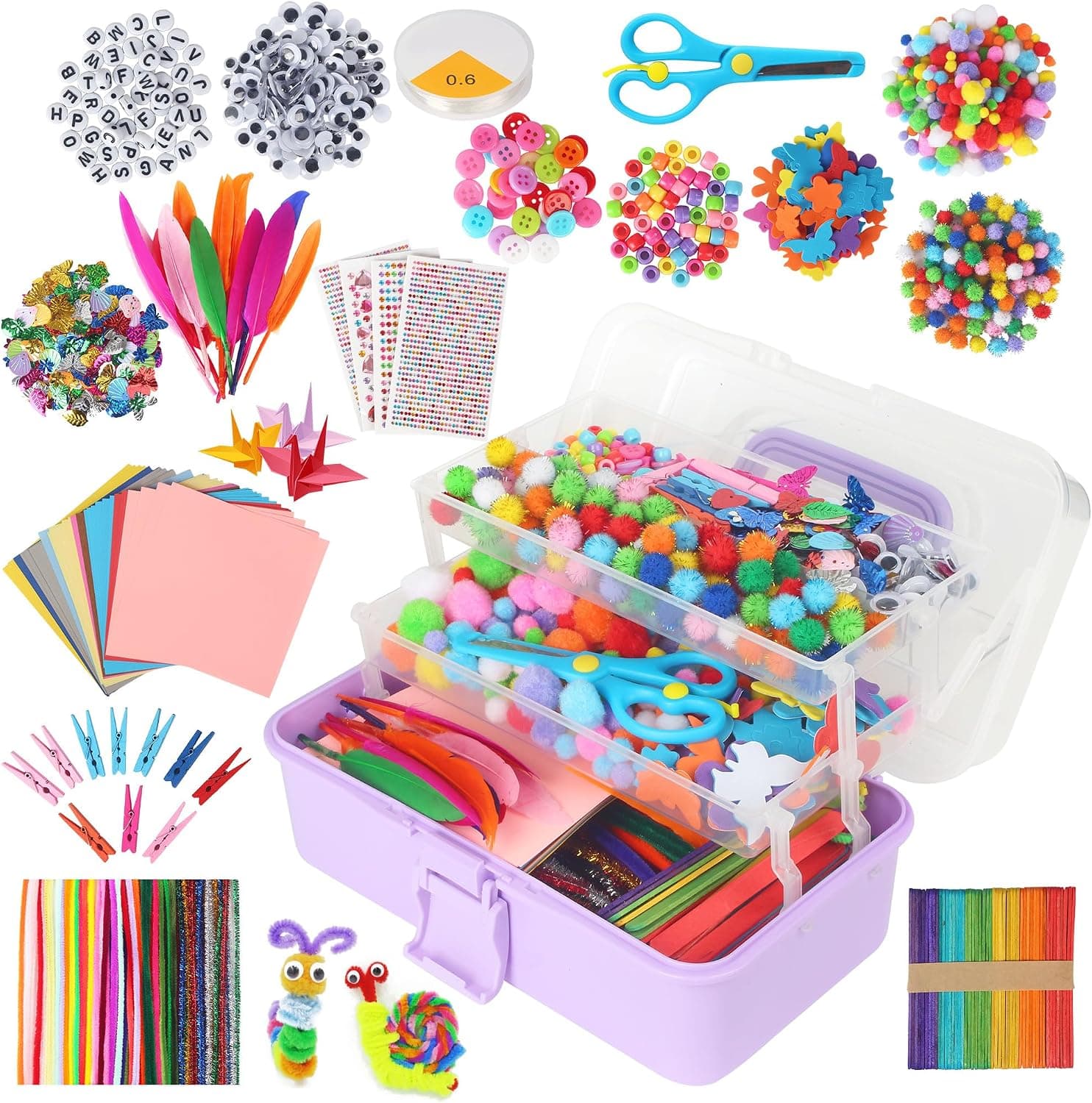 JIYANA Kit Manualidades Niños 3300+PCS, Portátil Kit Caja Manualidades, Set DIY Completo con Limpiapipas, Cuentas, Pompones y Ojos Móviles, Ideal para Niños y Niñas de 4-12 Años(Mmorado)