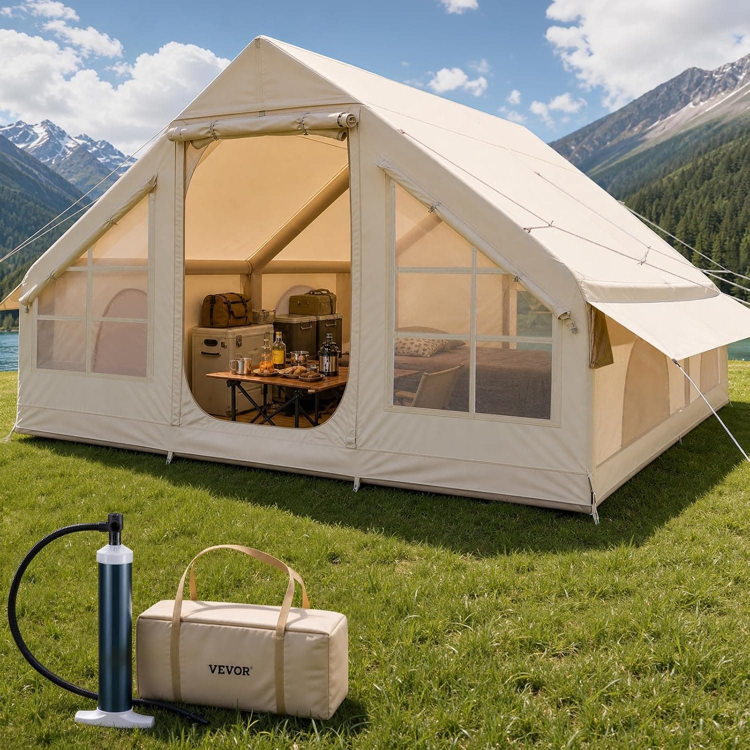 VEVOR Tienda Inflable para Acampar, Carpa Inflable de para Personas con Bomba Manual, Conector para Estufa, Puertas y Ventanas de Malla, Bolsa de Almacenamiento