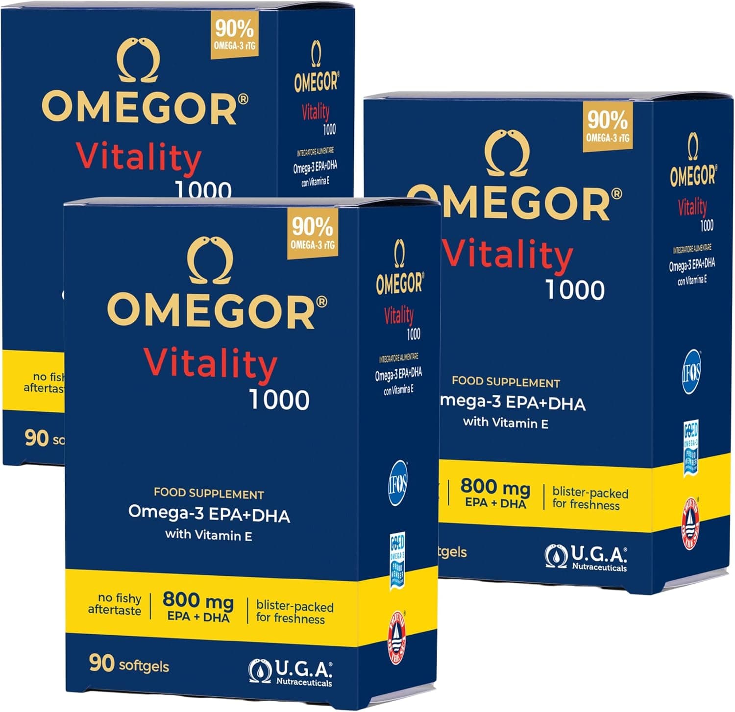 Omega 3 1000mg IFOS Certificado 5 Estrellas - 800 mg de EPA y DHA con Vitamina E - Favorece las Funciones Cardiovasculares y Cerebrales - 90 Cápsulas (Paquete de 3)