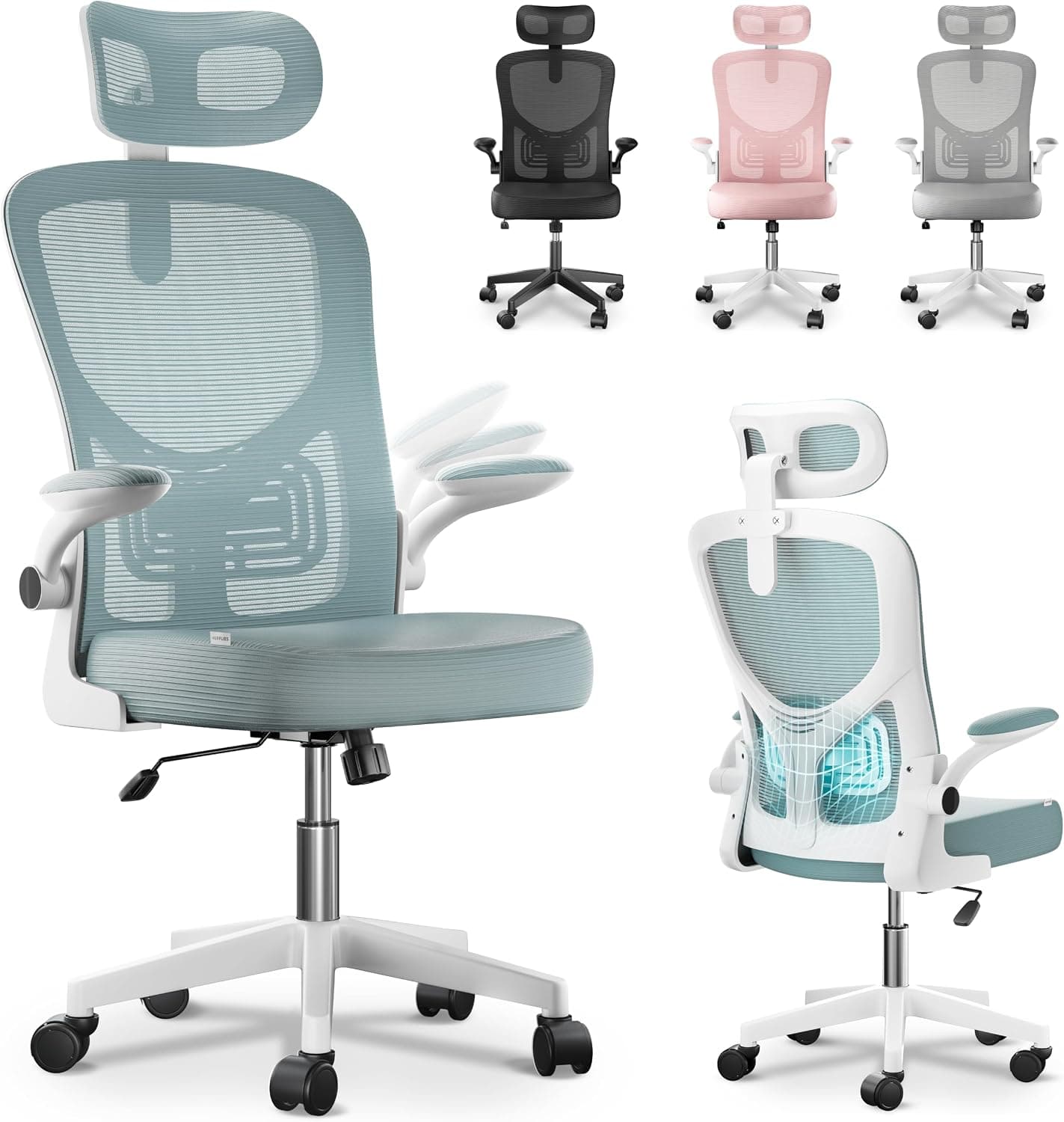 JUPPLIES Silla Escritorio Ergonómica - Silla Oficina Ajustable y Reclinable con Soporte Lumbar, Reposacabezas Ajustable, Reposabrazos Plegables, Malla Transpirable, Ruedas 360°, Soporta 120 kg
