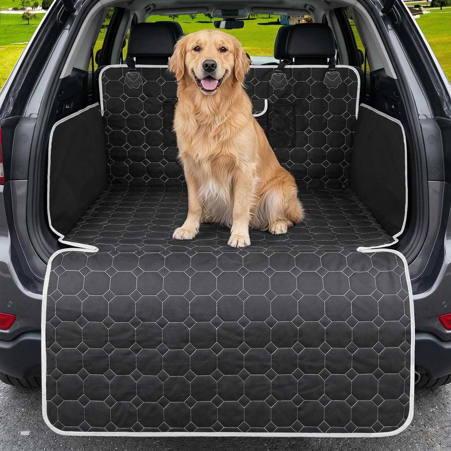 KYG Protector Maletero Coche Perros Impermeable, Forro SUV Antideslizante Acolchado con Laterales Plegables, Funda Resistente con Patrón Cuadros y Protección Parachoques, 147x105 cm