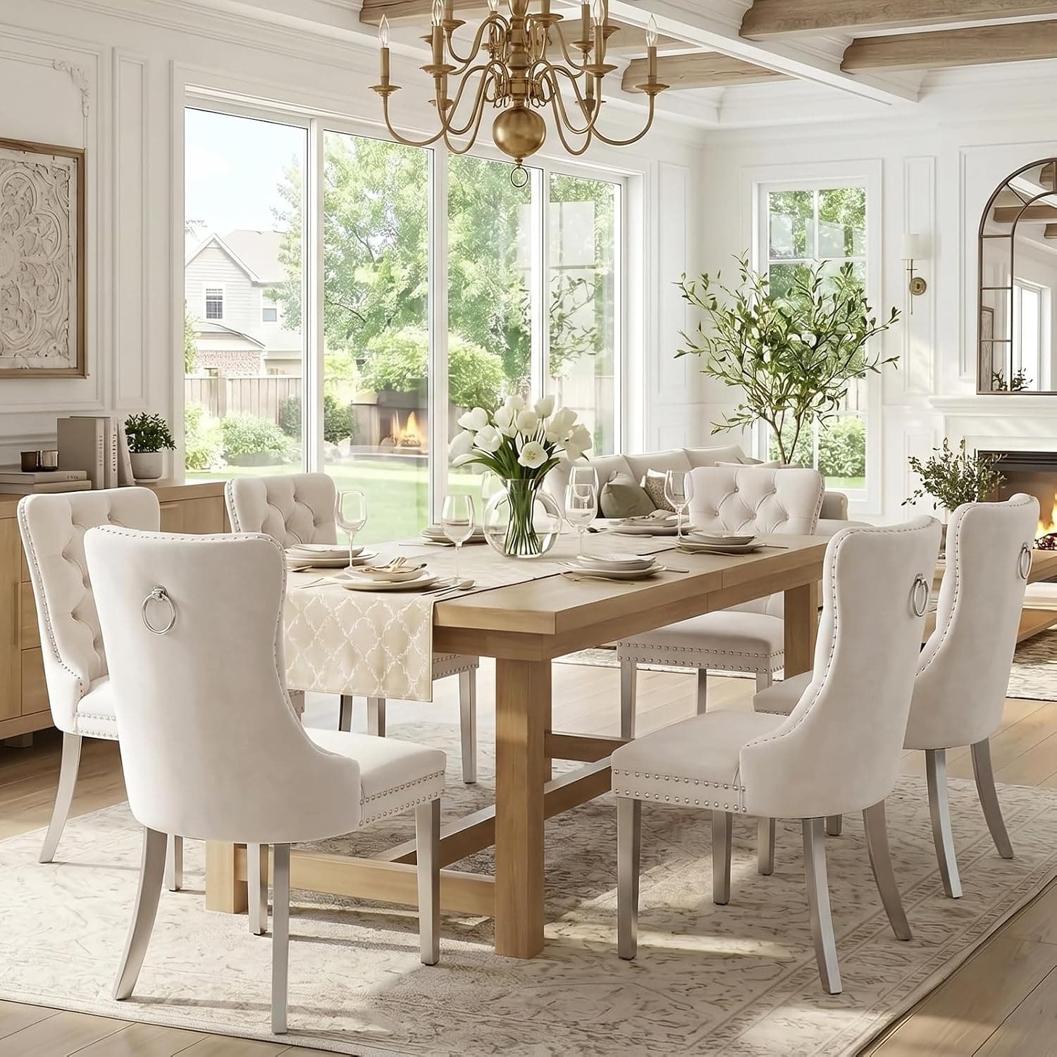 Sillas Comedor Terciopelo Beige, Patas Plateadas, Juego 6