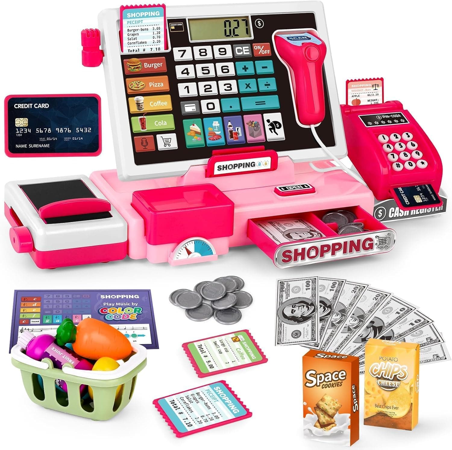maysida Caja registradora para niños, Juguete, para niños pequeños, con calculadora Real, Caja registradora con escáner/Tarjeta de crédito/Dinero de Juguete/Alimentos, Rosa
