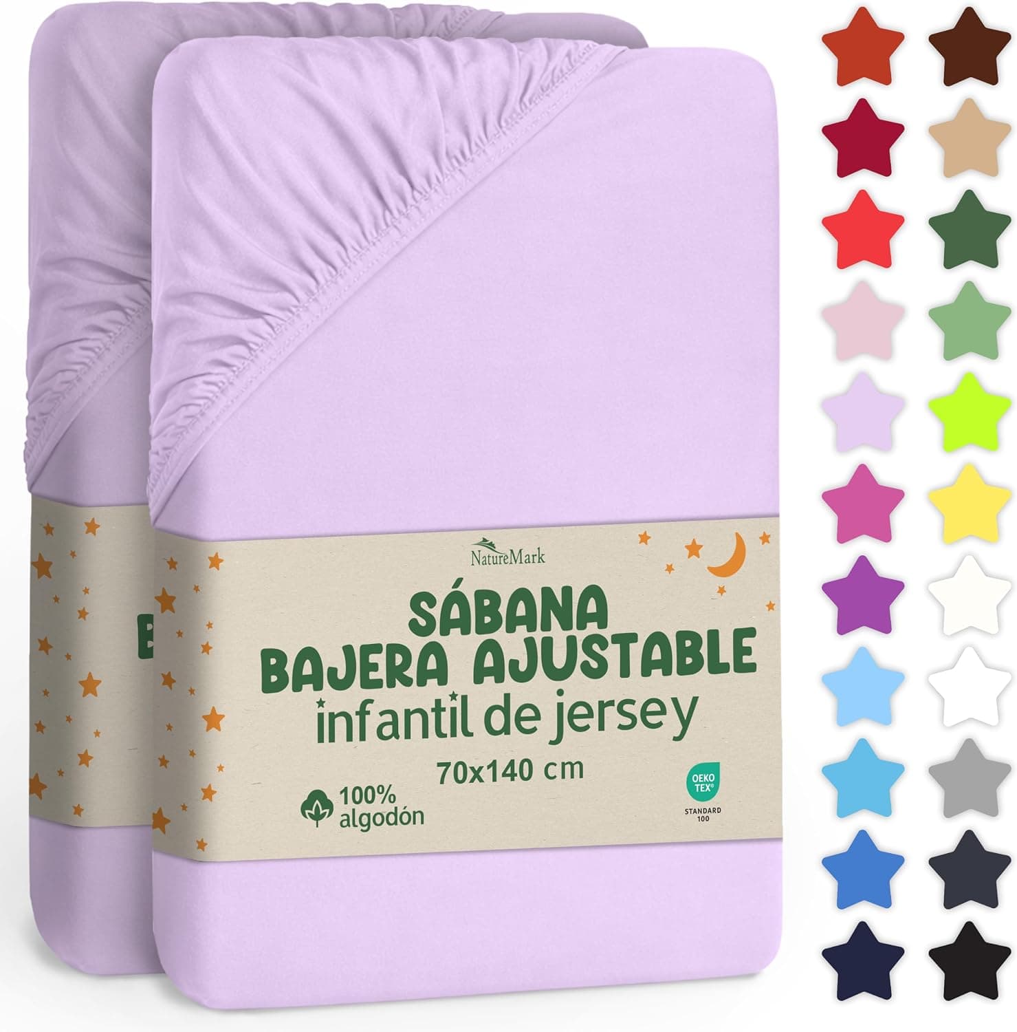 NatureMark Sábana Ajustable para Niños 70x140 cm – Suave Jersey, 100% Algodón, Pack de 2 para Cuna y Camita Infantil, Lila/Lavanda
