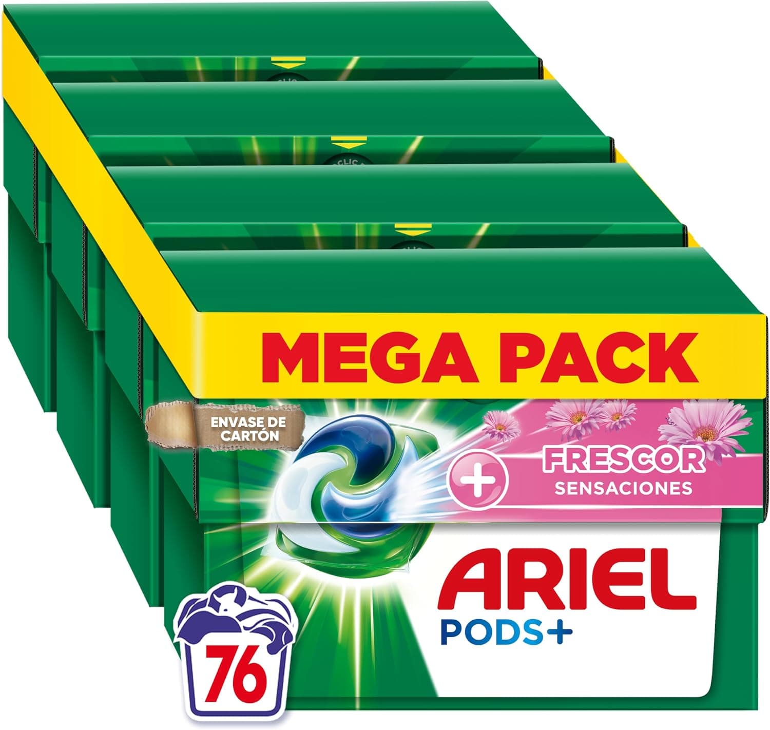 ARIEL PODS Todo en 1 Detergente Lavadora Liquido en Capsulas/Pastillas, 76 Lavados (4x19), Jabon Limpieza Profunda, Mas Frescor Sensaciones, El embalaje puede variar