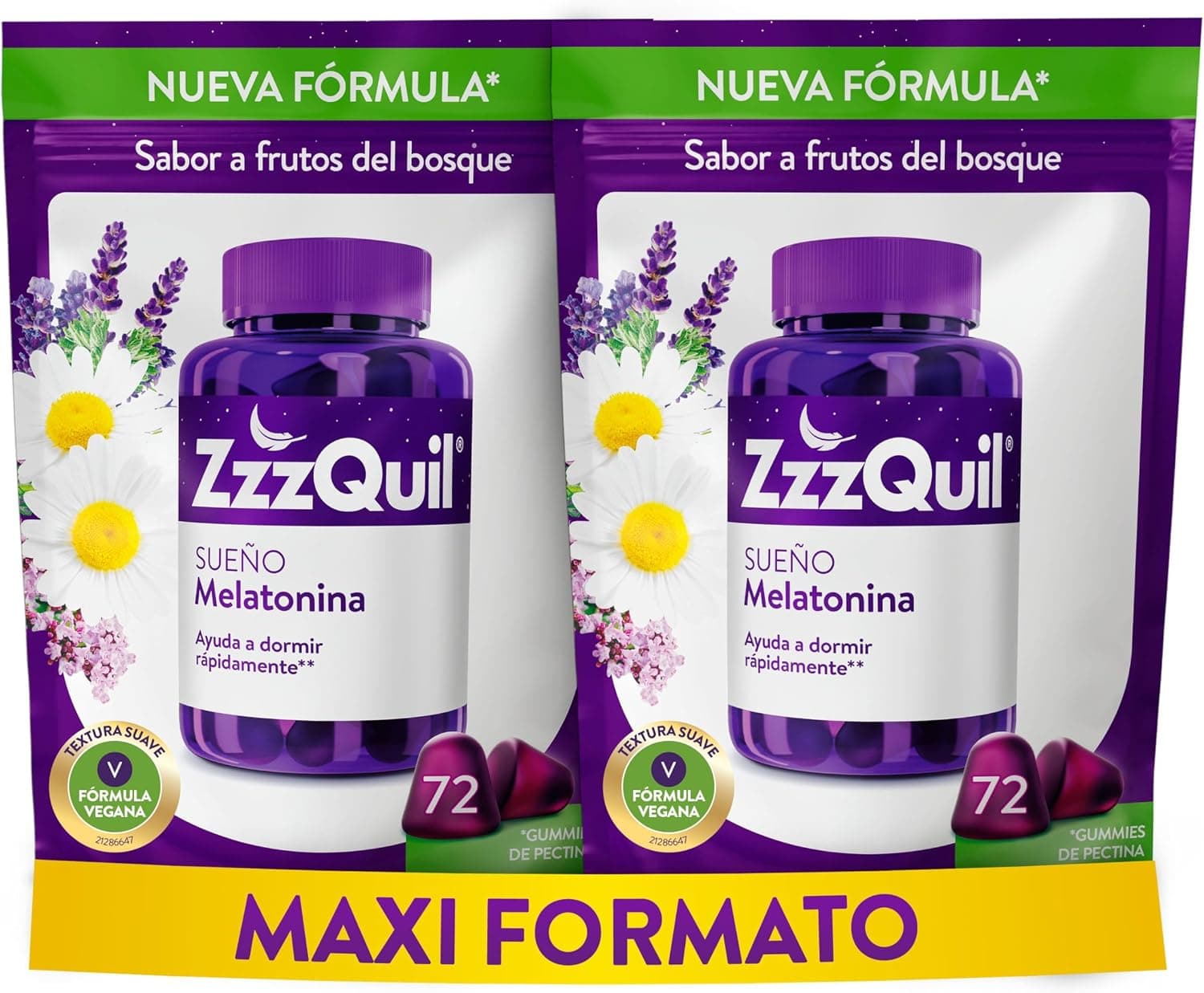 ZzzQuil Sueño Gummies de Melatonina para Dormir, con Valeriana, Camomila, Vitamina B6 y Lavanda, Ayuda a Dormir Rápidamente, Sabor Frutos del Bosque, Nueva Fórmula Vegana, 144 Gummies (2 x 72)