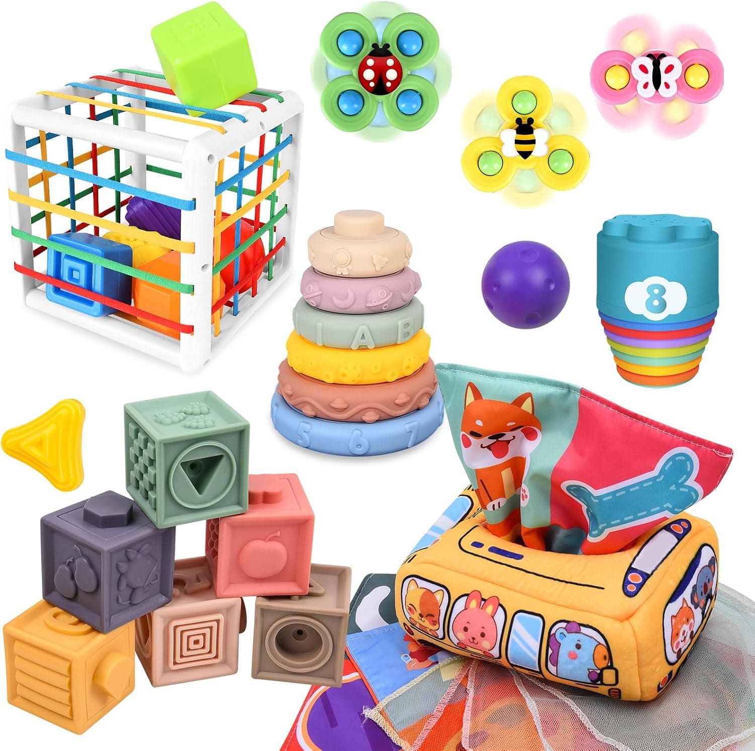 IEEILULU 6 en 1 Juguetes Montessori para bebé, Juguetes para bebé de 6 a 12 meses, bloques de construcción apilables, caja de pañuelos, juguetes Montessori para niños pequeños de 1 2 3 años, regalo