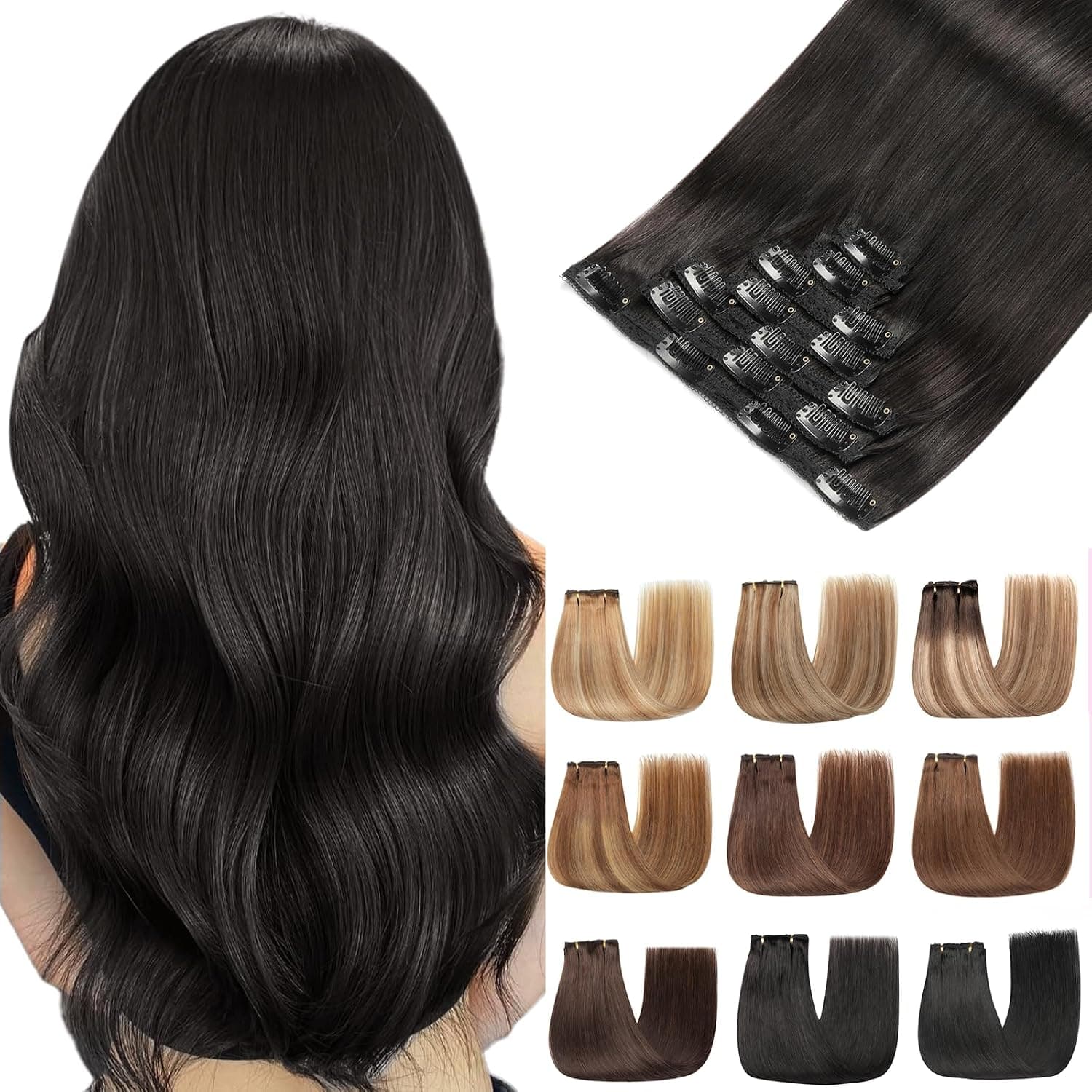 Extensiones Pelo Natural Clip, 7pcs Natural Extensiones De Clip De Pelo Negro natural Human Hair Extension 80g 35cm(14Inch,1B#）