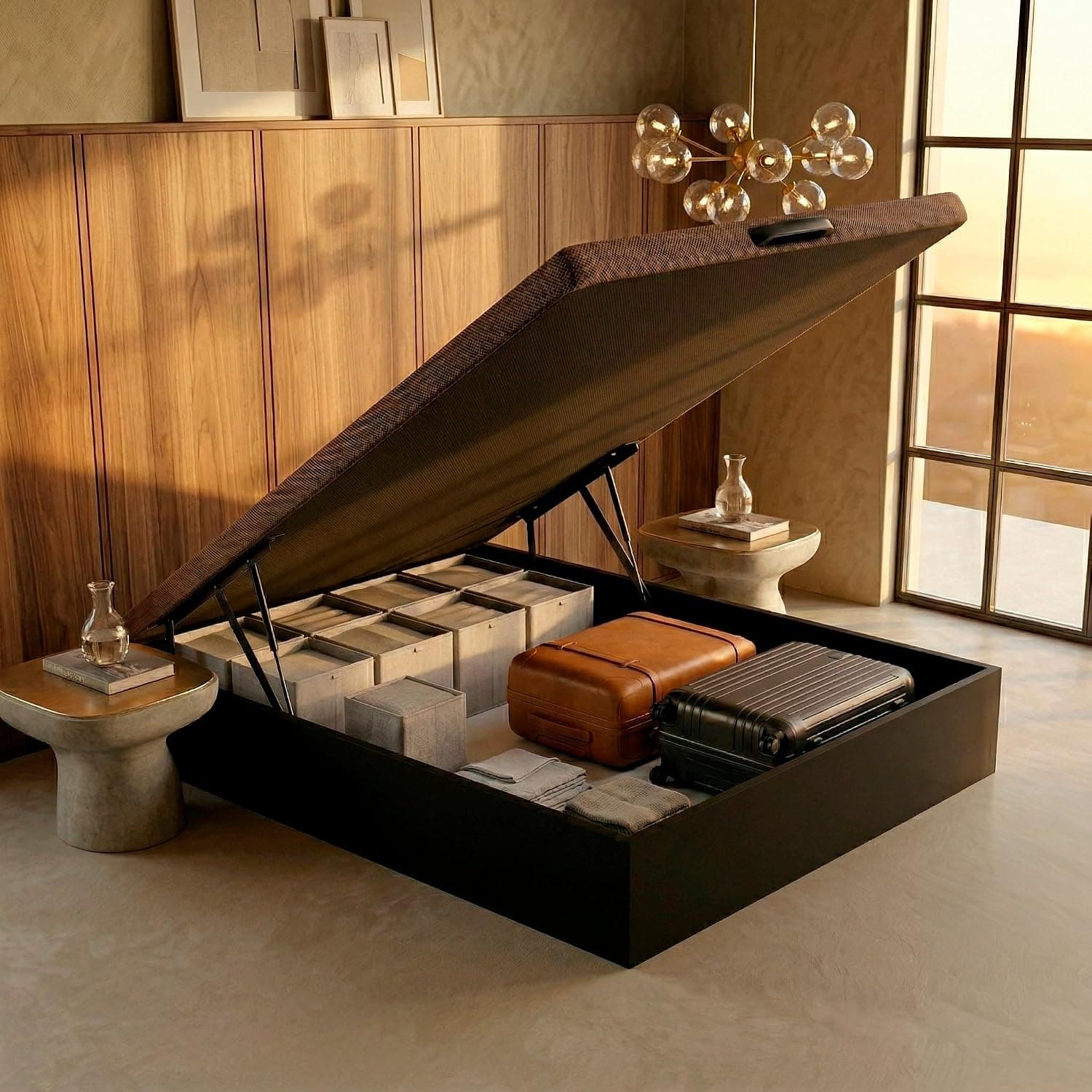 ROYAL SLEEP Canapé Abatible de Madera | 150x190 | Montaje y Retirada de Usado Incluido | Gran Capacidad | Tapa 3D Transpirable | 32 cm | Color Wengué | Space Bed