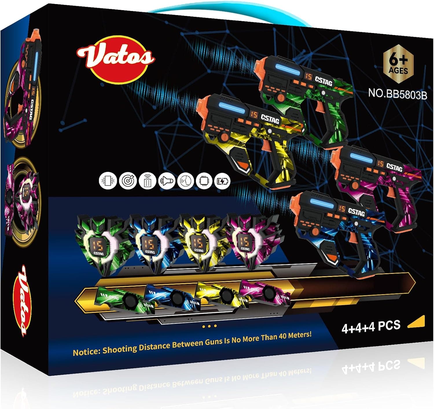 VATOS Juego de Laser Tag recargable con sensores de 360° para 4 jugadores, 2,4 GHz de infrarrojos con visualización de datos en tiempo real, juego familiar y grupal para niños y adolescentes, regalos