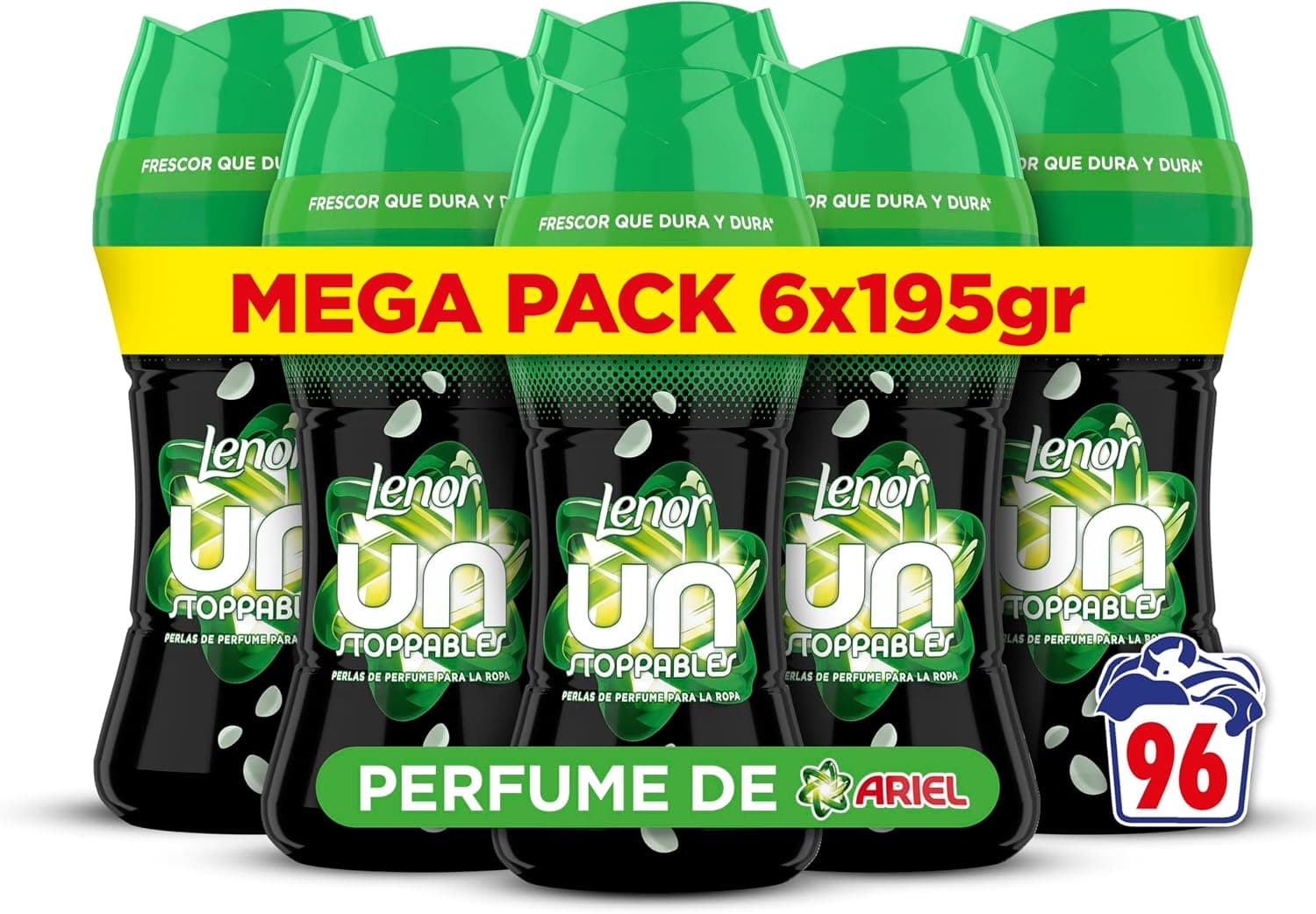 LENOR UNstoppables Perlas de Perfume para la Ropa, 96 Lavados (6 x 195g), Suavizante con Fragancia Ariel, Potenciador de Frescor