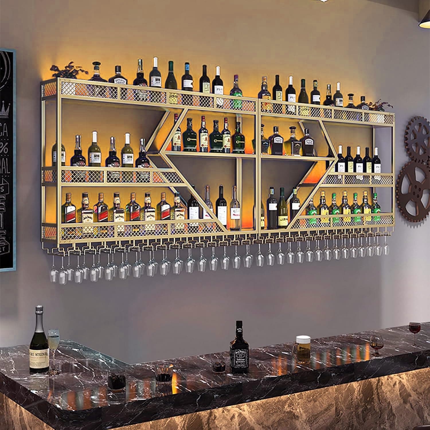 Botellero de pared de metal con iluminación LED y soporte modular para botellas de vino, moderno para bar, cocina, gastronomía, soporte robusto + fácil montaje (incluye tacos) (dorado, 3 m)